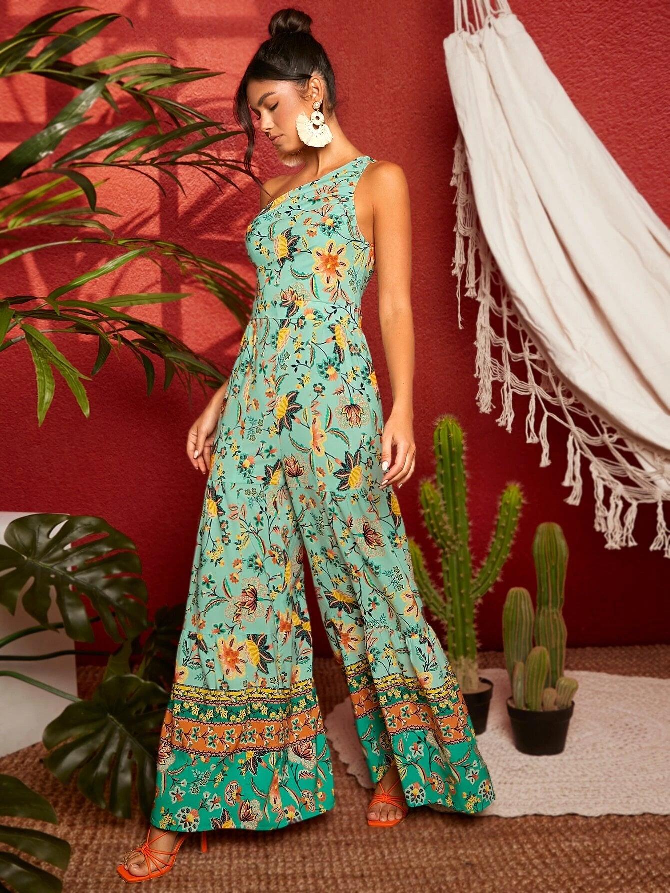 Floral Print One Shoulder Wide Leg Jumpsuit-Comfy Jumpsuits