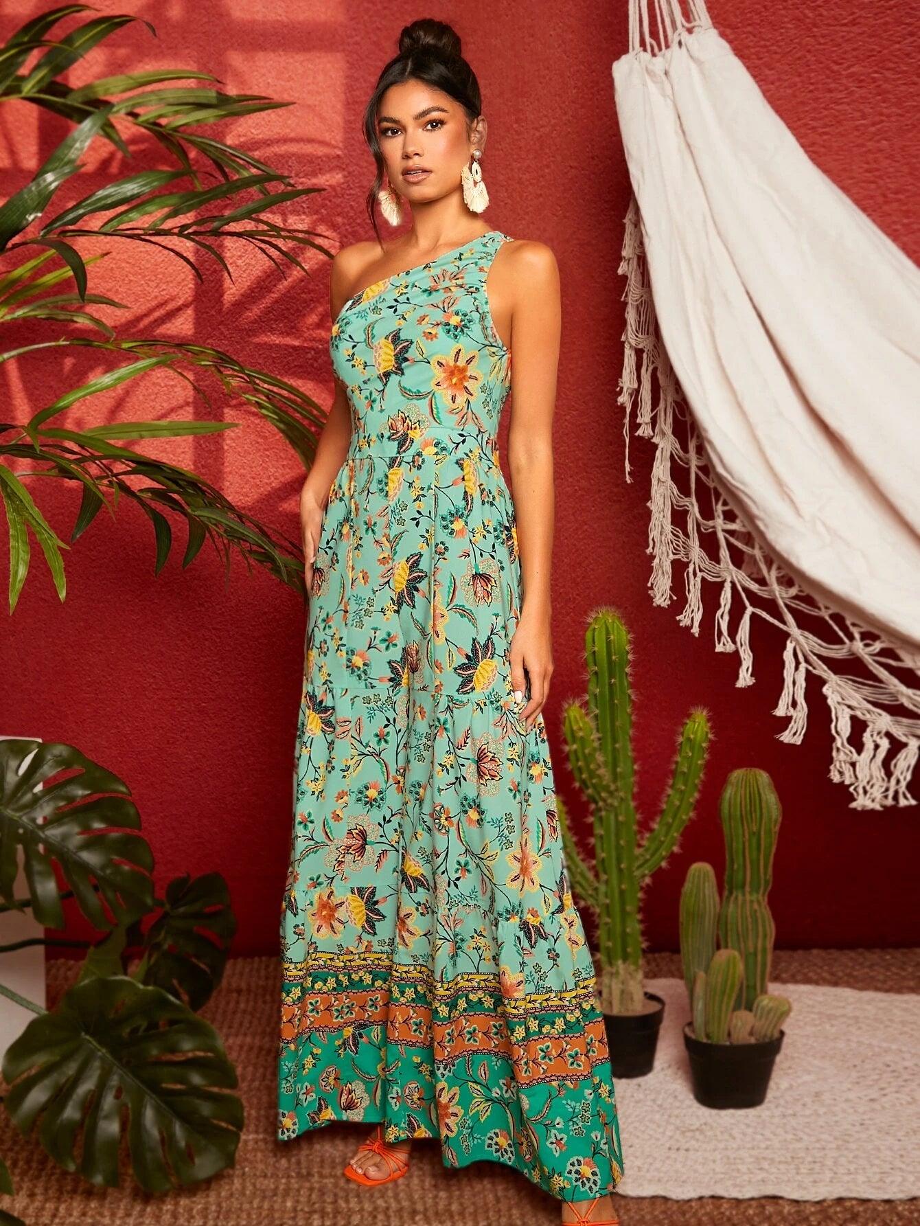 Floral Print One Shoulder Wide Leg Jumpsuit-Comfy Jumpsuits