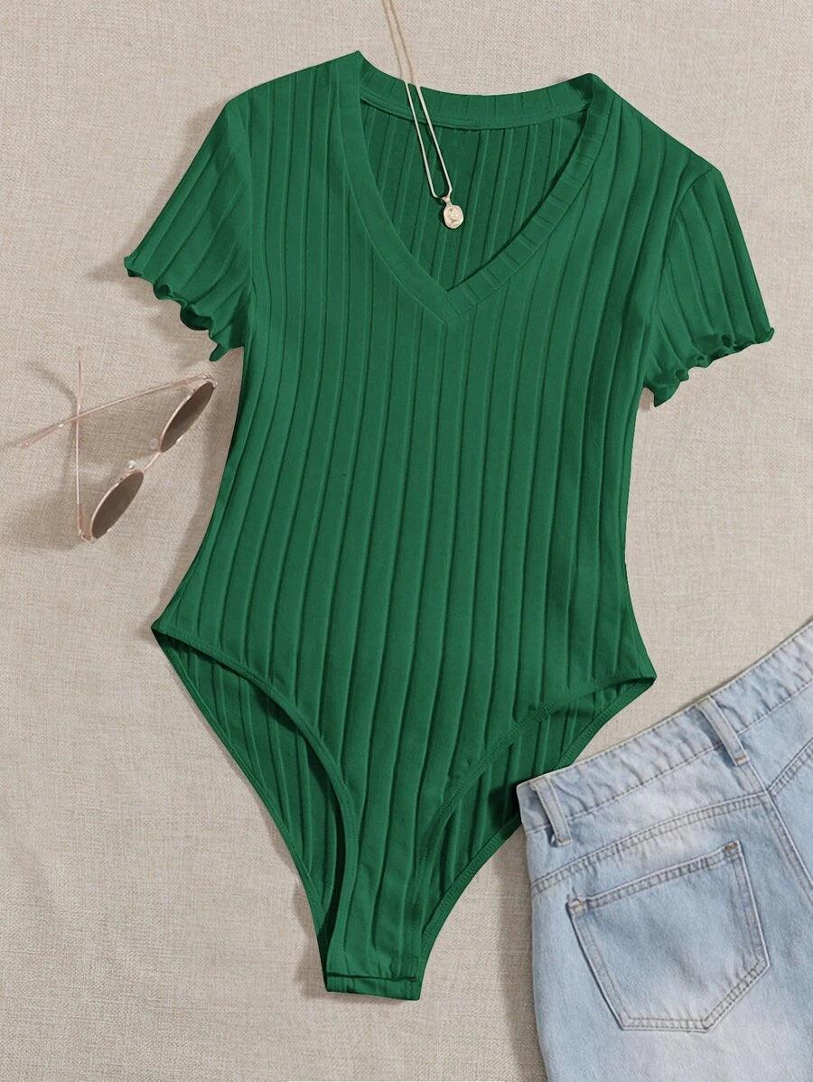 Casual Lettuce Trim Rib Knit Bodysuit-Comfy Jumpsuits