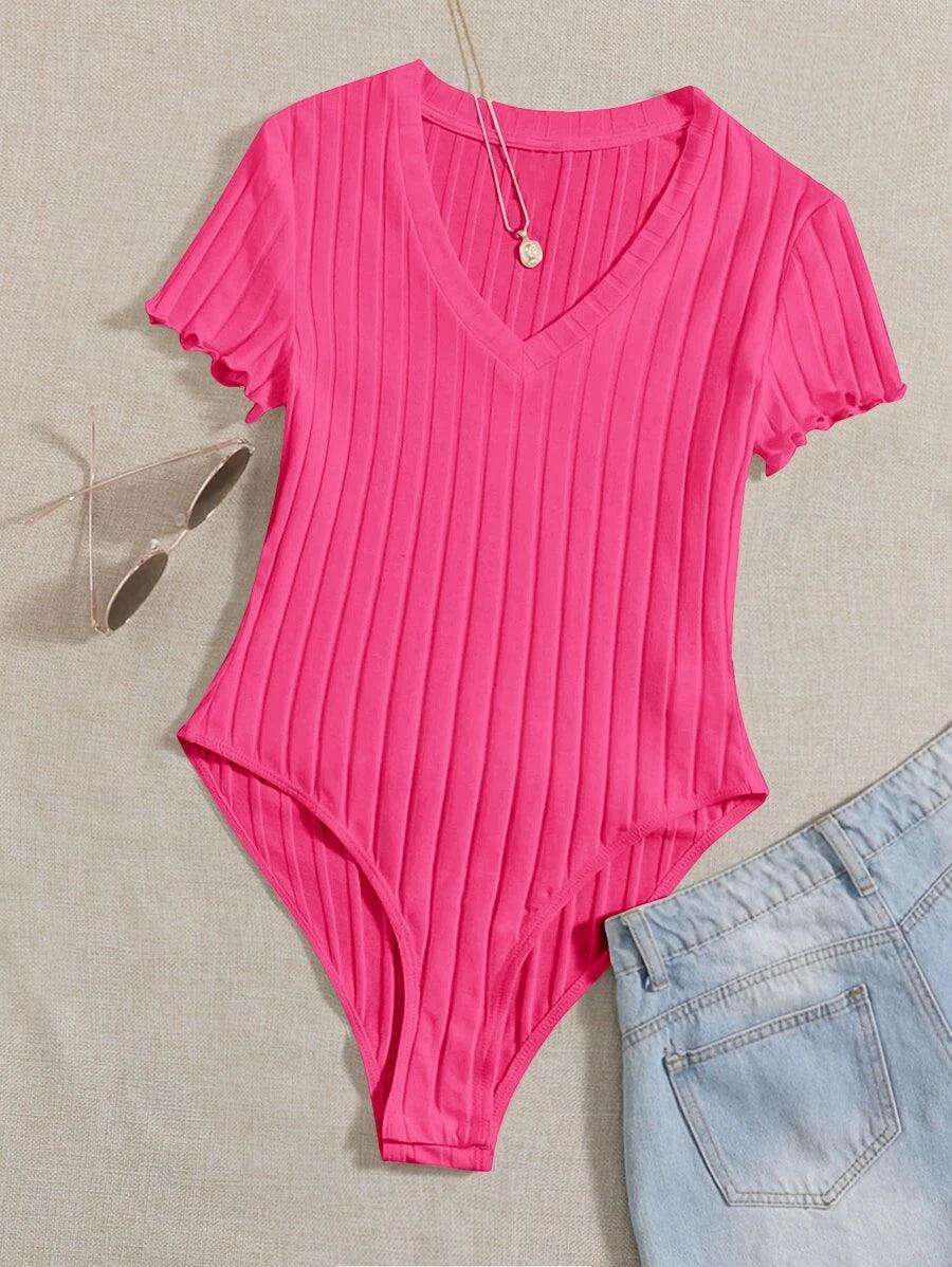 Lettuce Trim Rib Knit Bodysuit-Comfy Jumpsuits