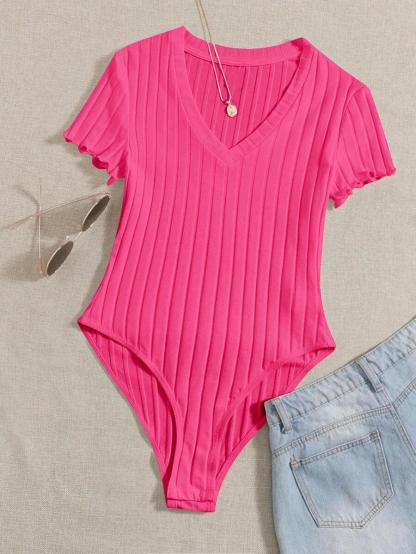 Lettuce Trim Rib Knit Bodysuit-Comfy Jumpsuits