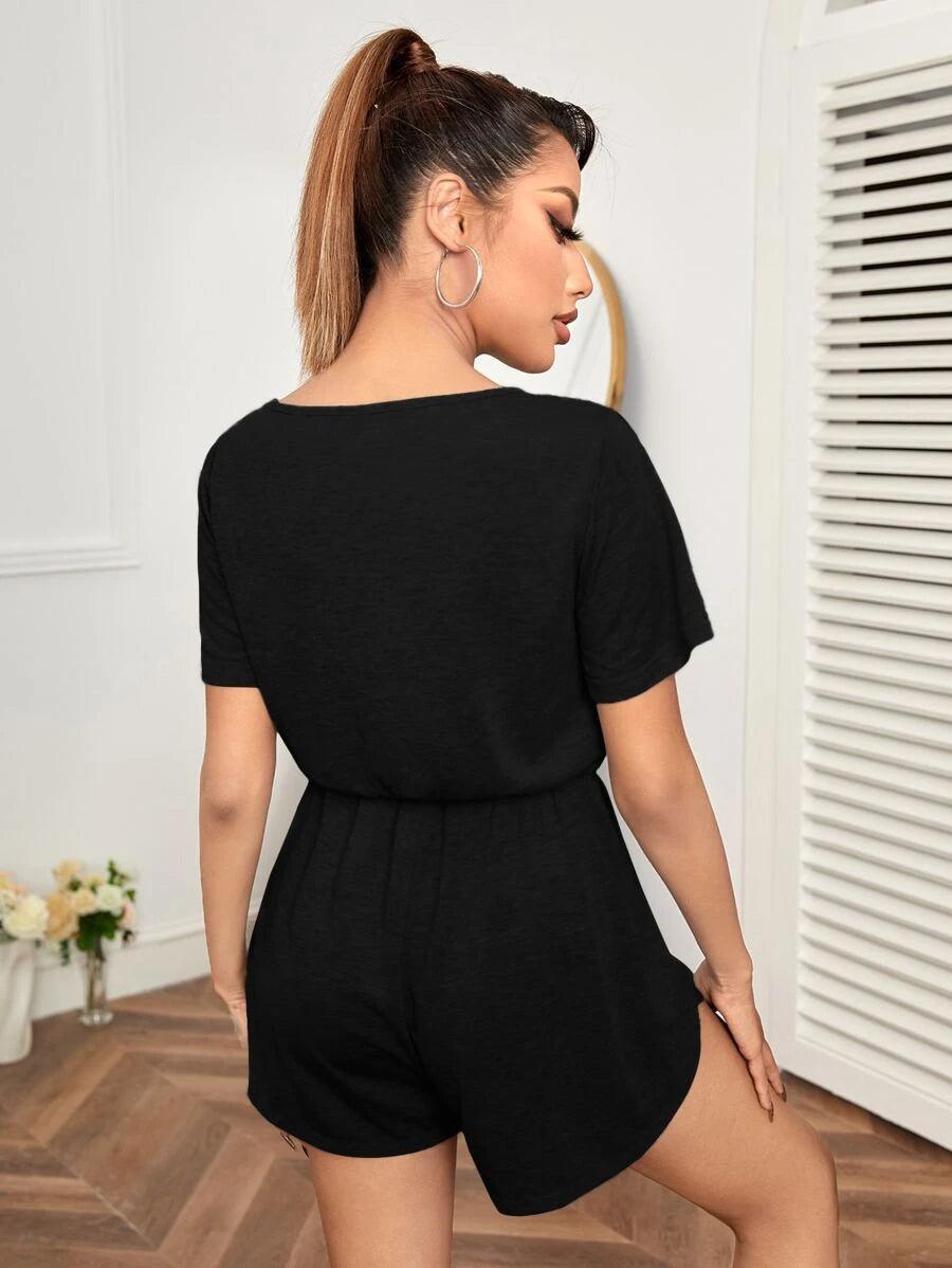 Knot Waist Quarter Button Wrap Hem Romper-Comfy Jumpsuits