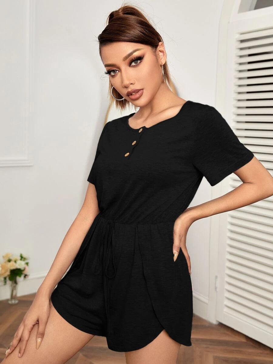 Knot Waist Quarter Button Wrap Hem Romper-Comfy Jumpsuits