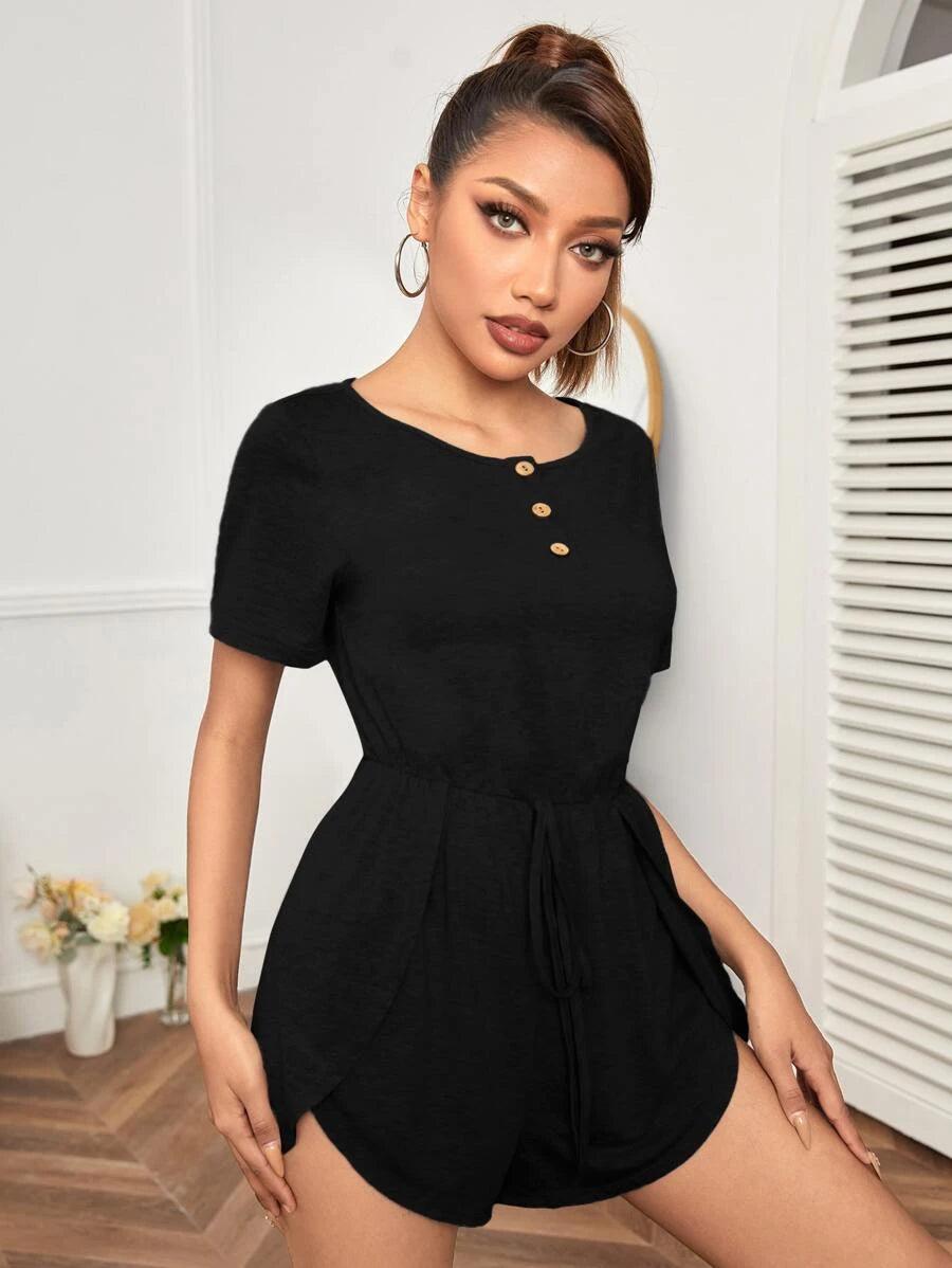 Knot Waist Quarter Button Wrap Hem Romper-Comfy Jumpsuits