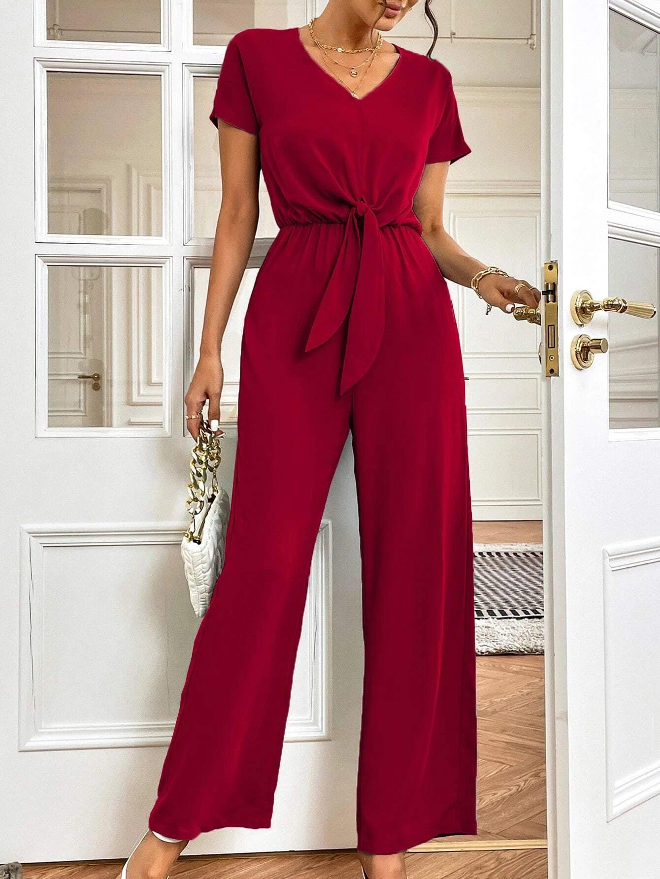 Tie Front Ruched Jumpsuit-Comfy Jumpsuits