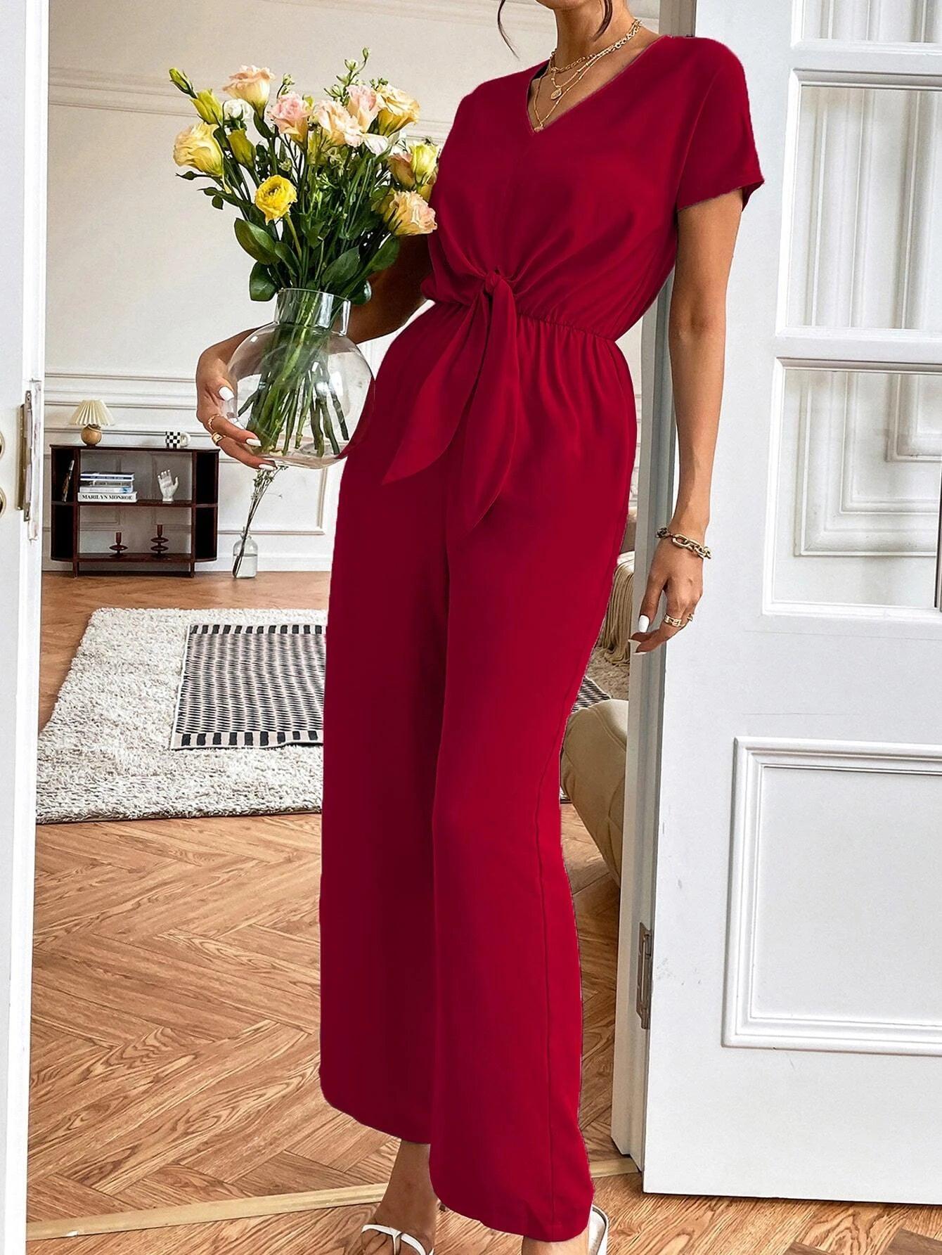 Tie Front Ruched Jumpsuit-Comfy Jumpsuits