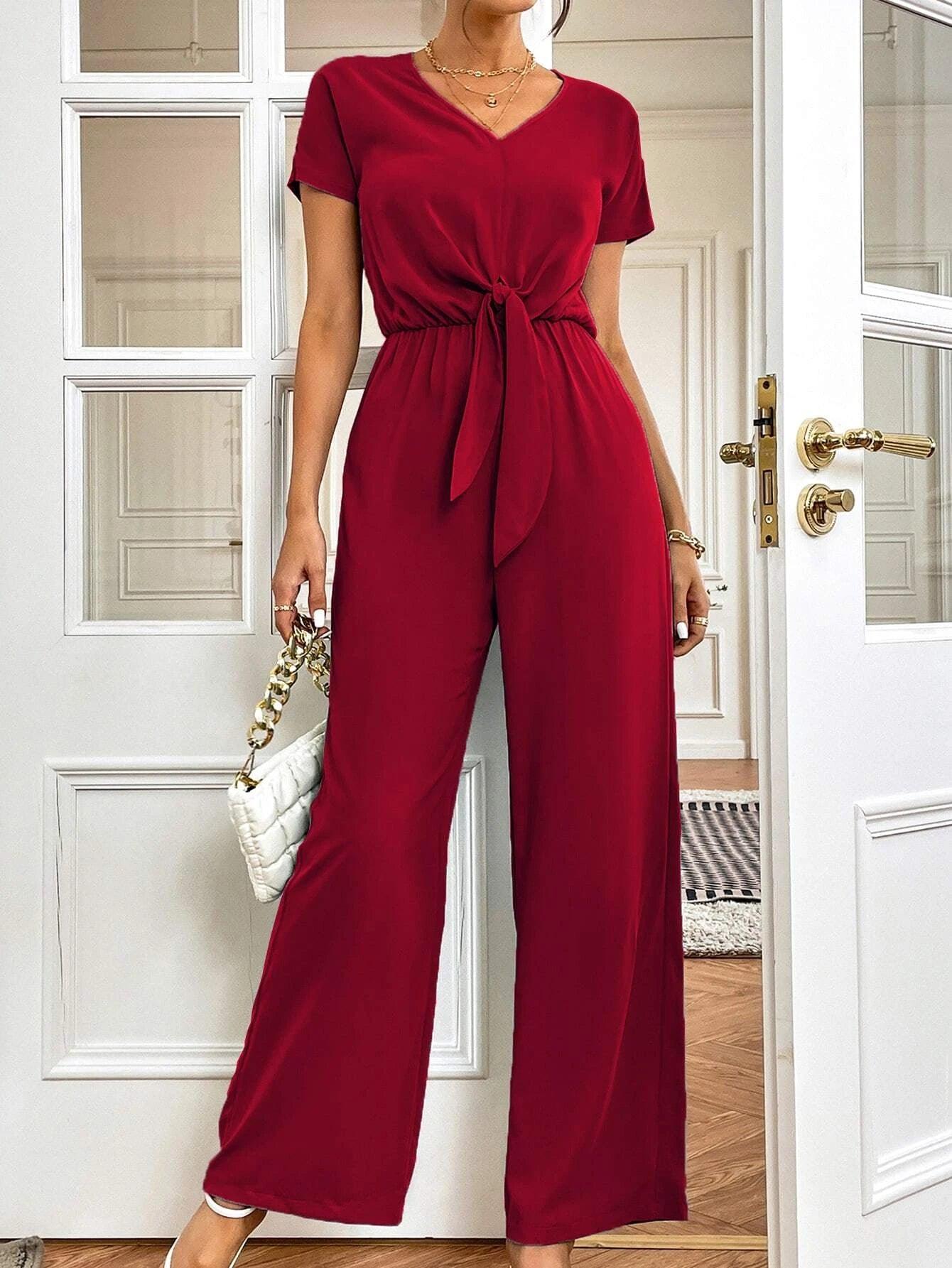 Tie Front Ruched Jumpsuit-Comfy Jumpsuits