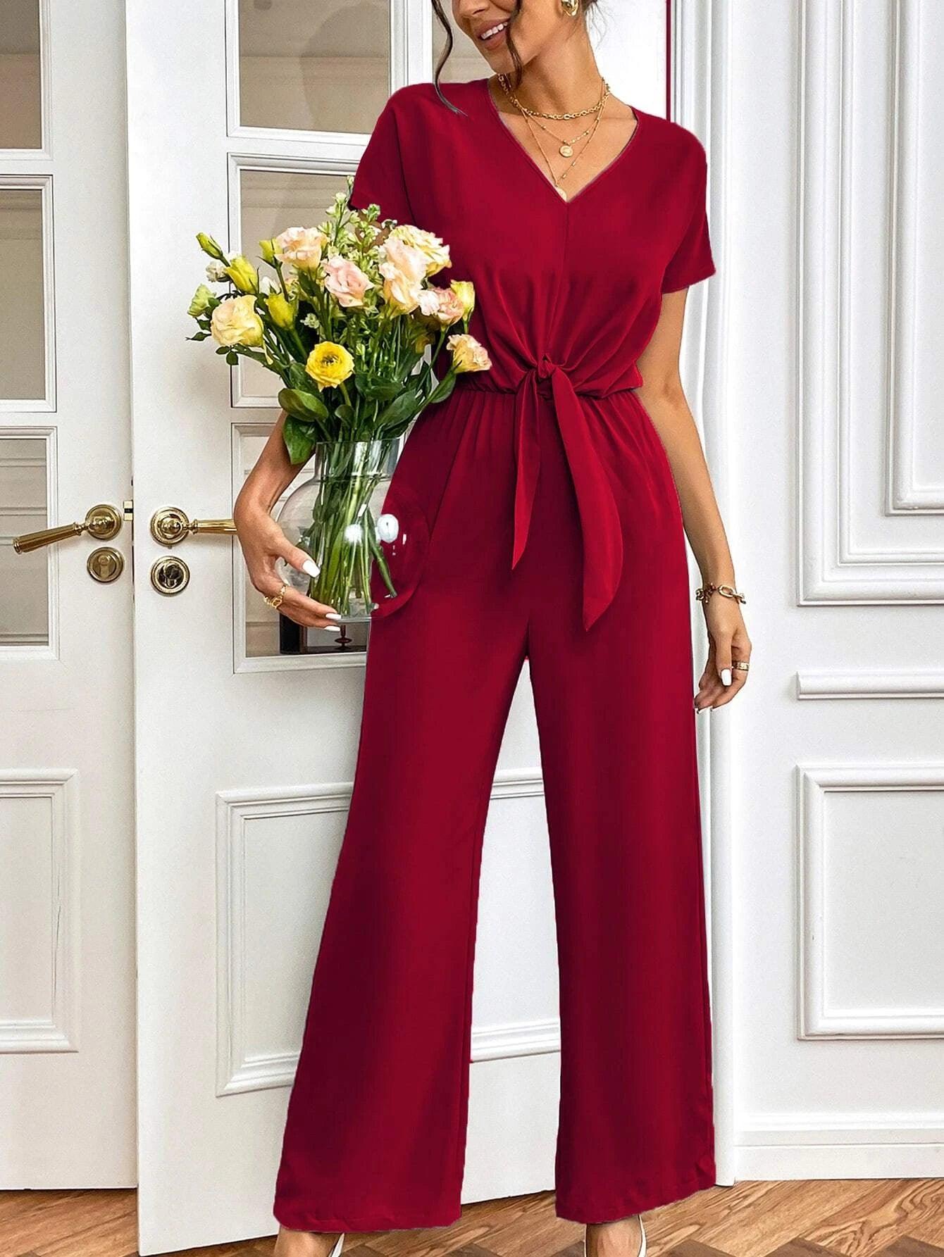 Tie Front Ruched Jumpsuit-Comfy Jumpsuits