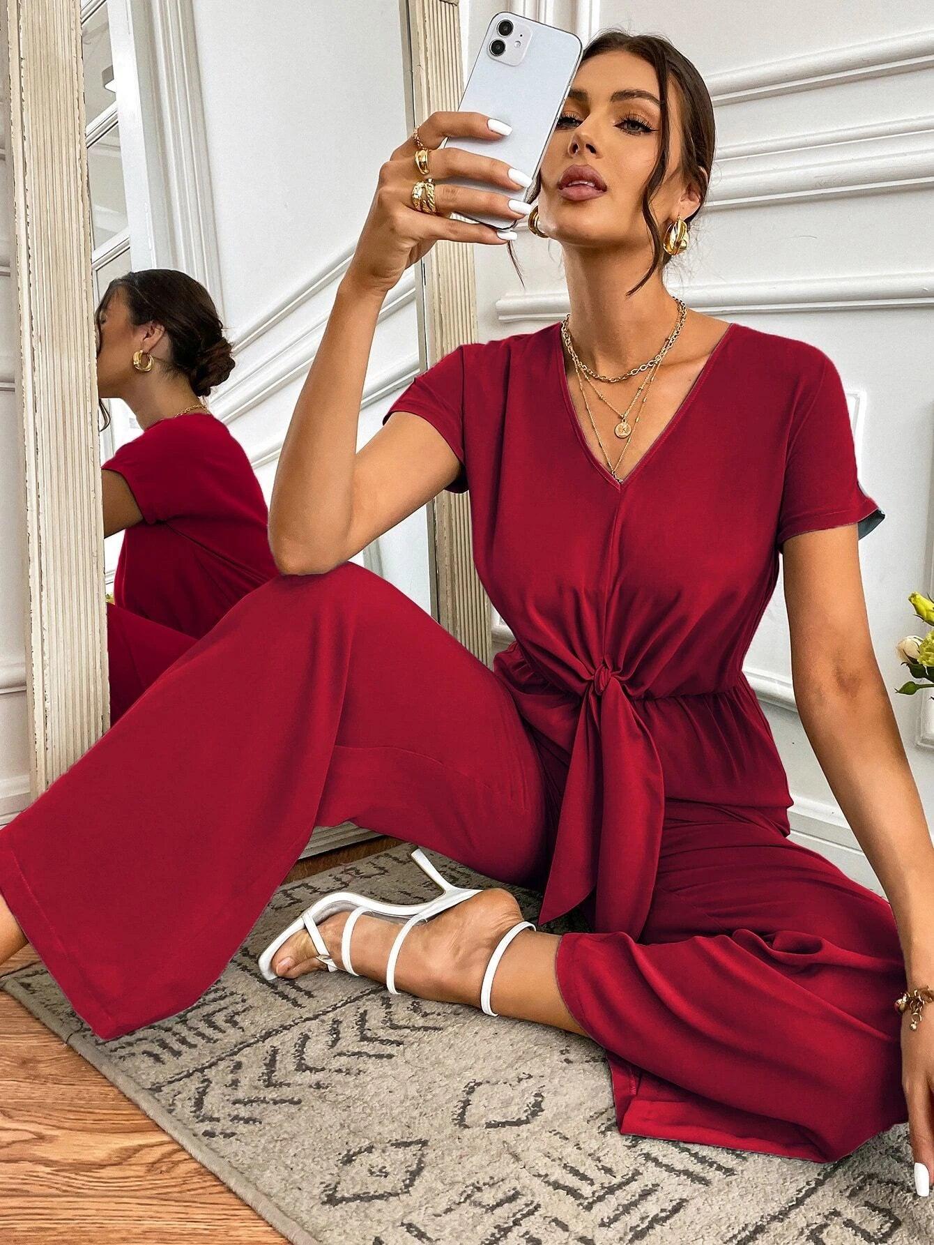 Tie Front Ruched Jumpsuit-Comfy Jumpsuits