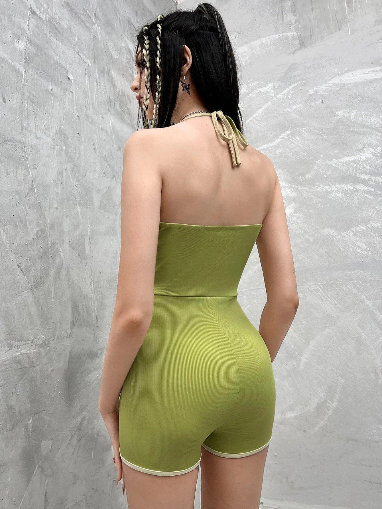 Lace Up Front Tie Backless Unitard Halter Romper-Comfy Jumpsuits