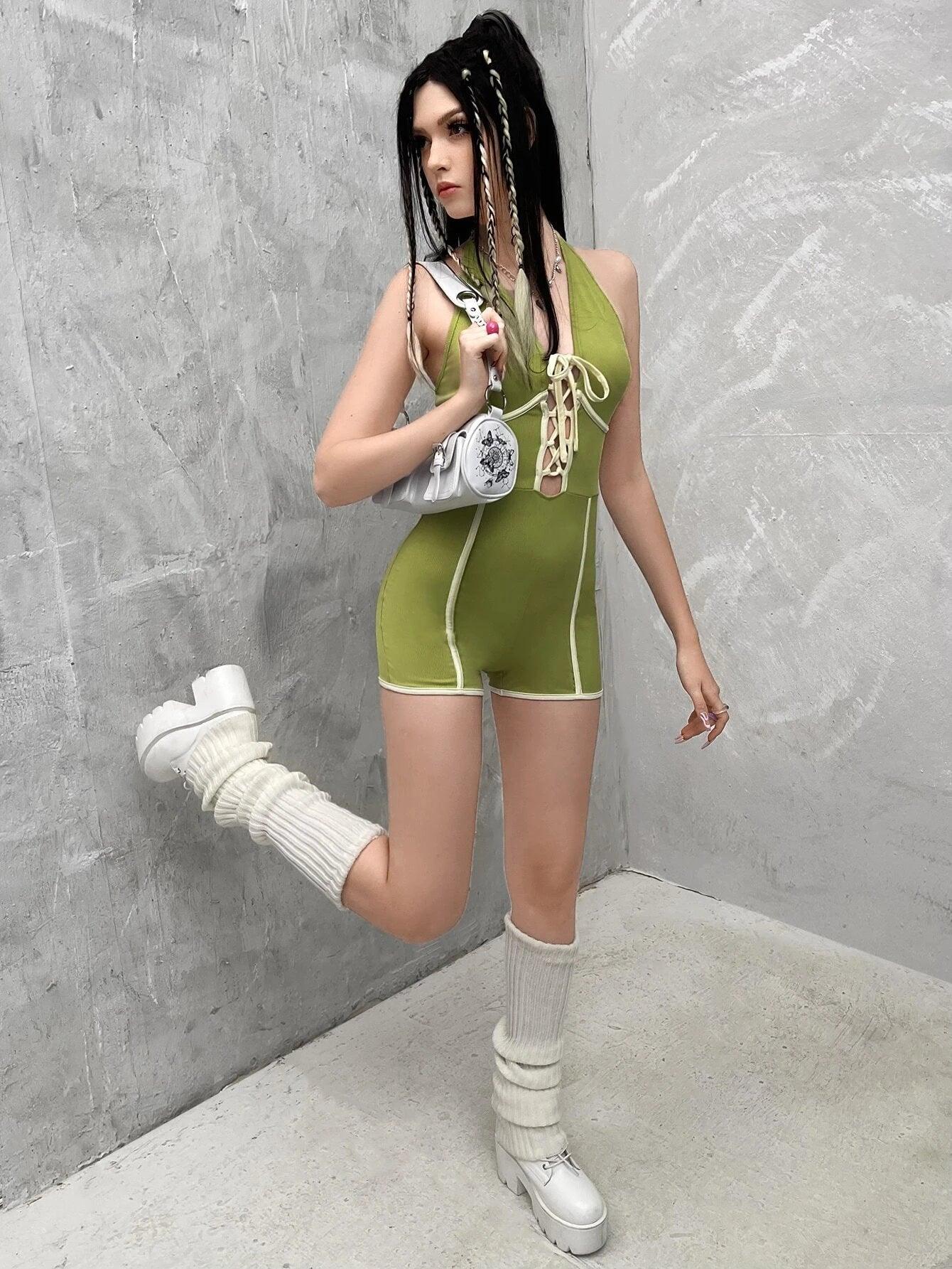 Lace Up Front Tie Backless Unitard Halter Romper-Comfy Jumpsuits