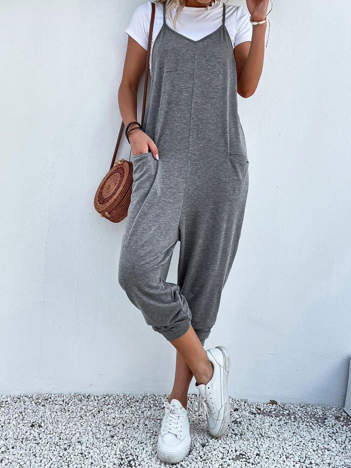 Dual Pocket Keyhole Back Cami Jumpsuit Without Tee-Comfy Jumpsuits