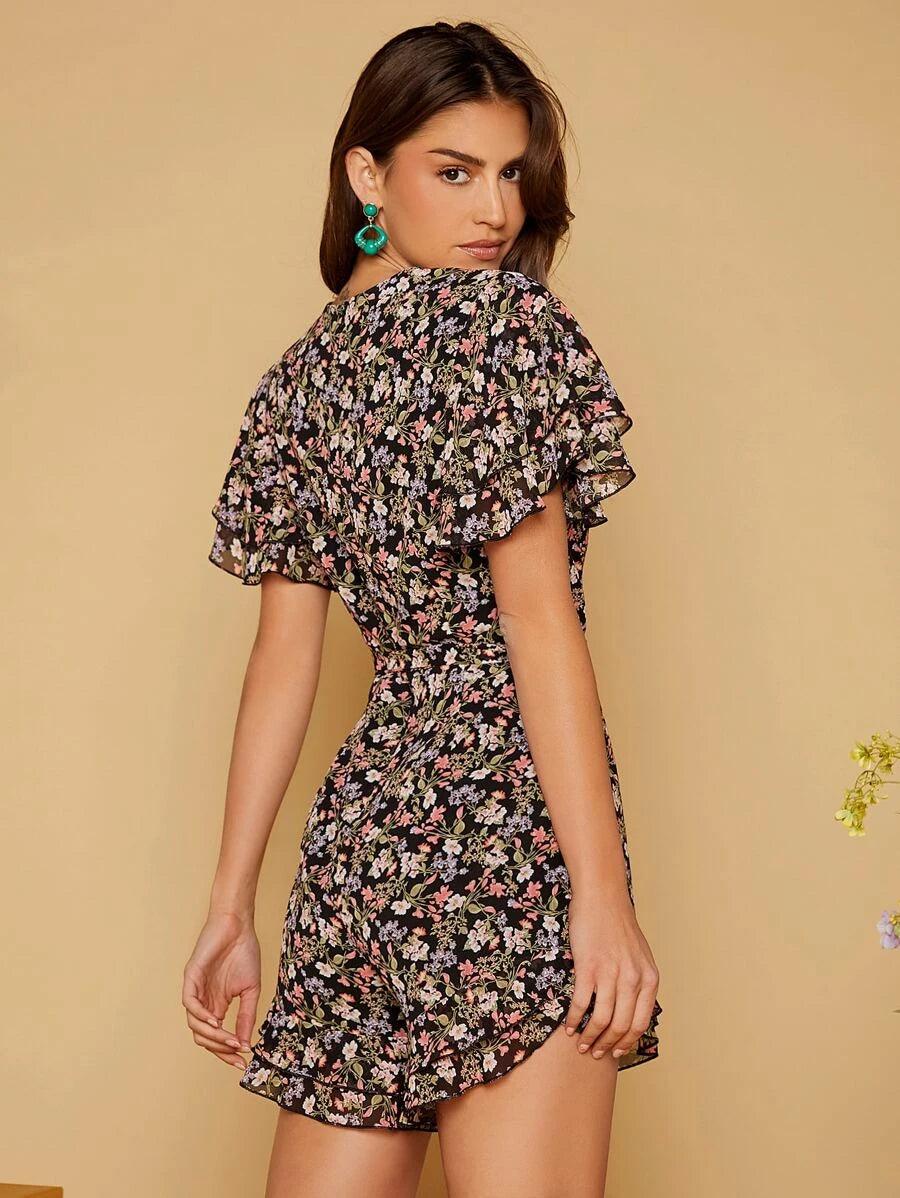 Floral Flutter Sleeve Ruffle Hem Belted Romper-Comfy Jumpsuits