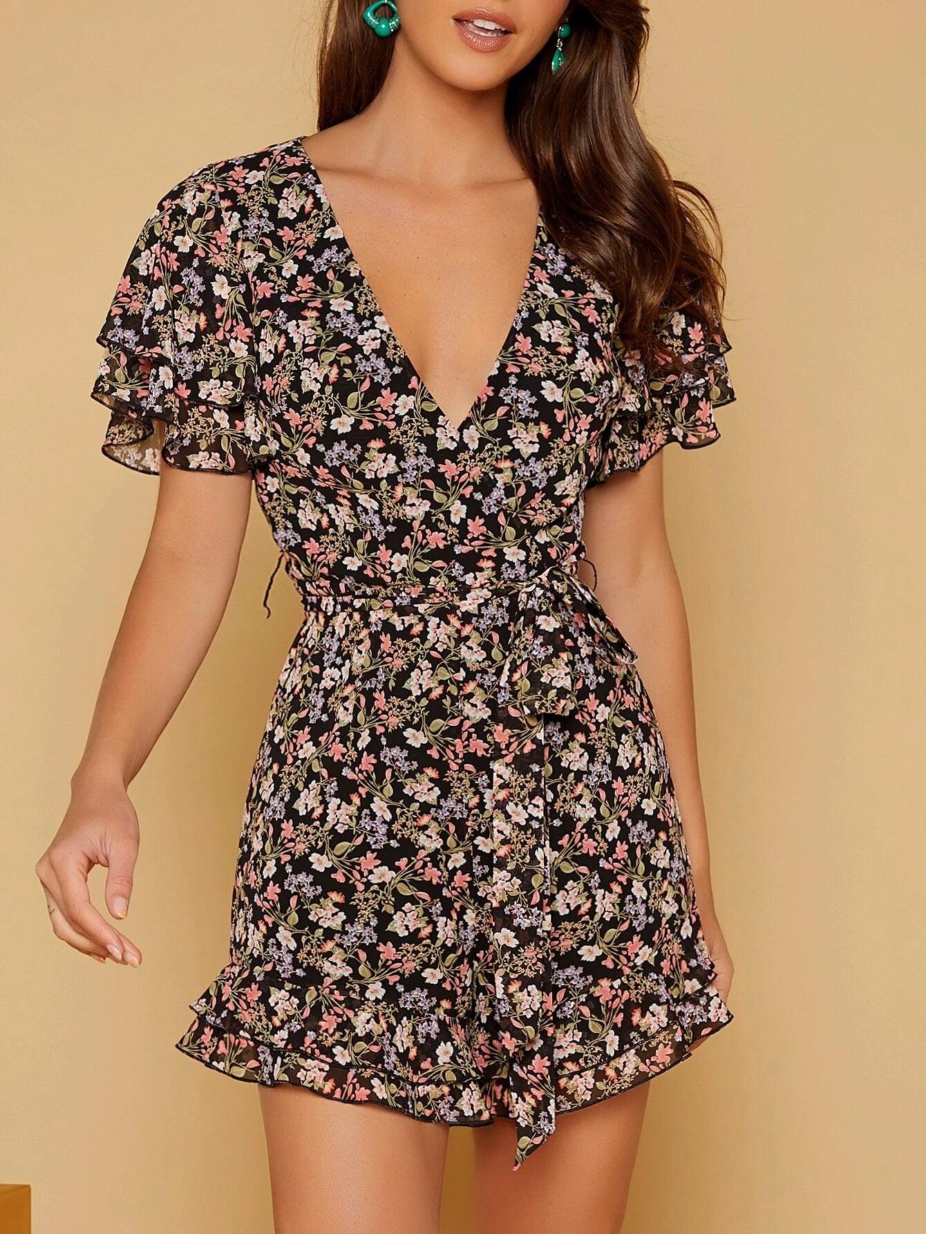 Ruffle Hem Belted Romper-Comfy Jumpsuits