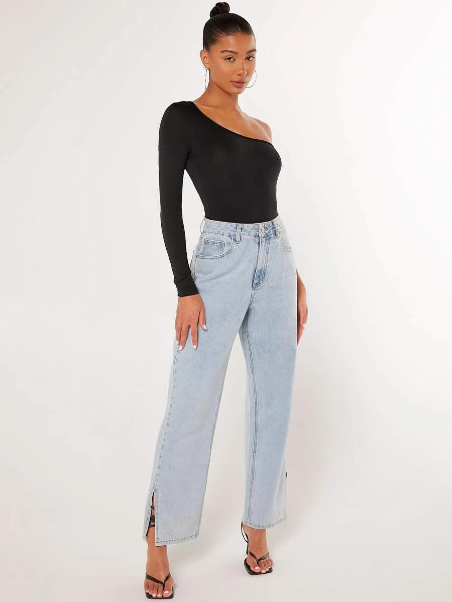 High Waist One Shoulder Bodysuit-Comfy Jumpsuits