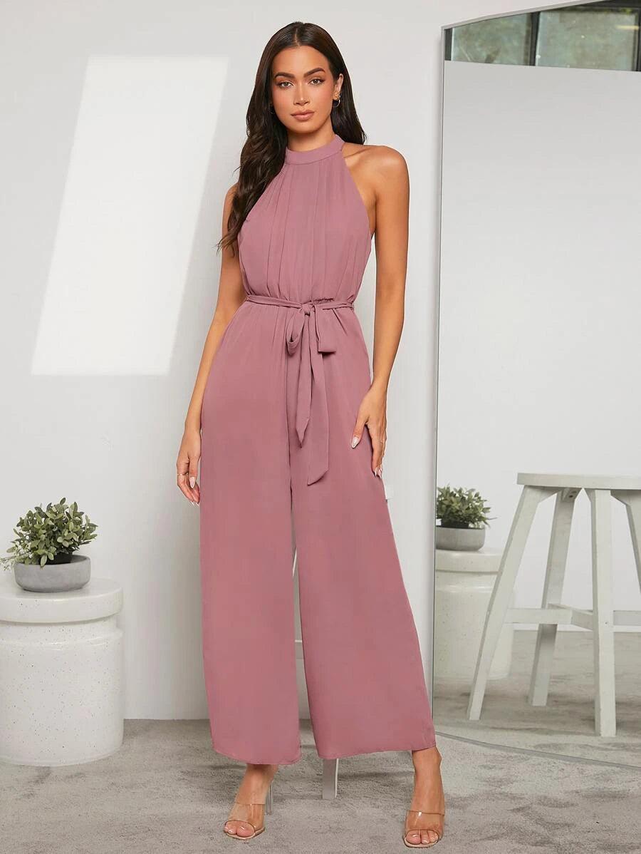 Cut Out Back Belted Halter Jumpsuit-Comfy Jumpsuits