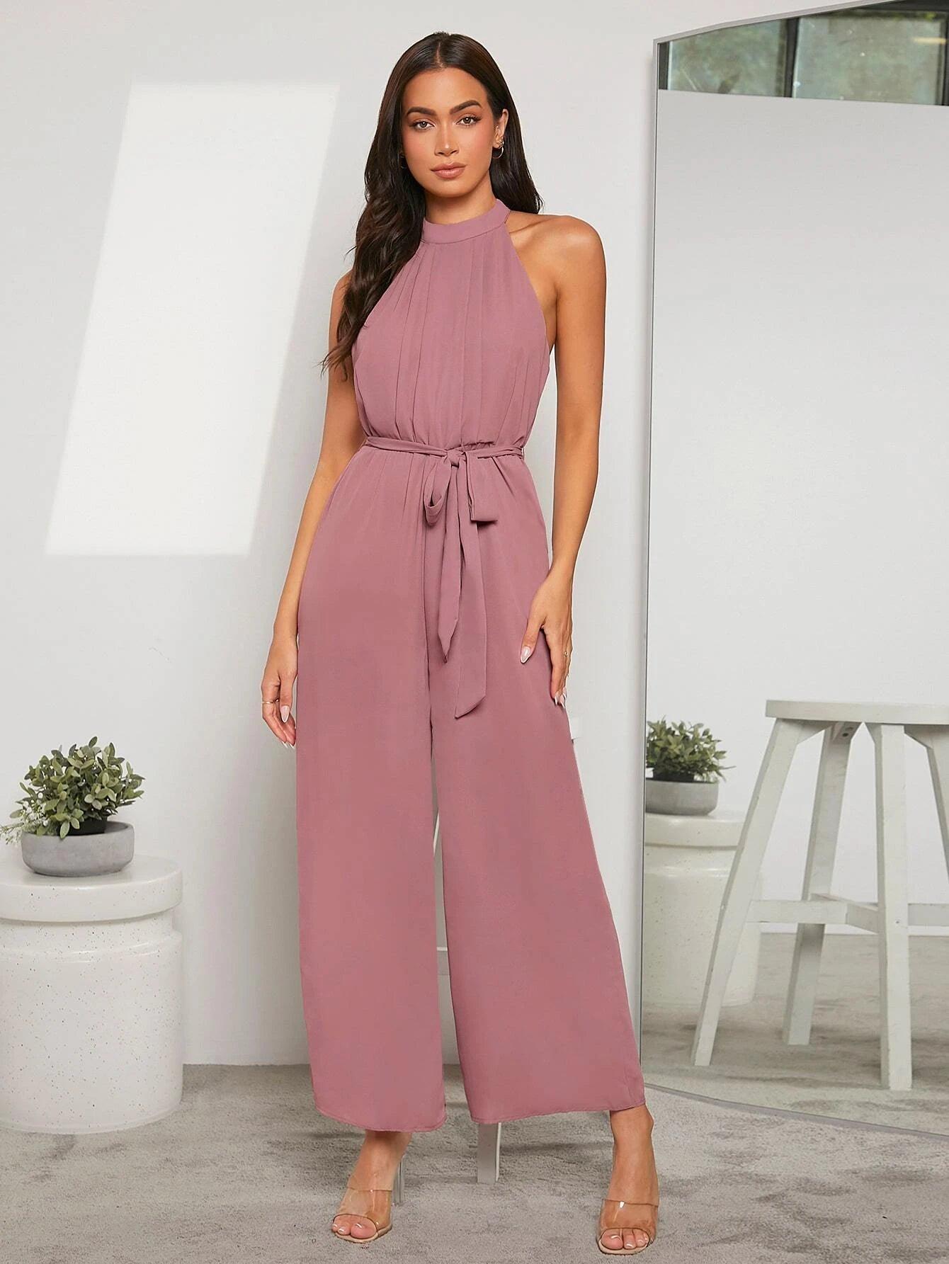 Solid Coloured Halter Neck Jumpsuit-Comfy Jumpsuits