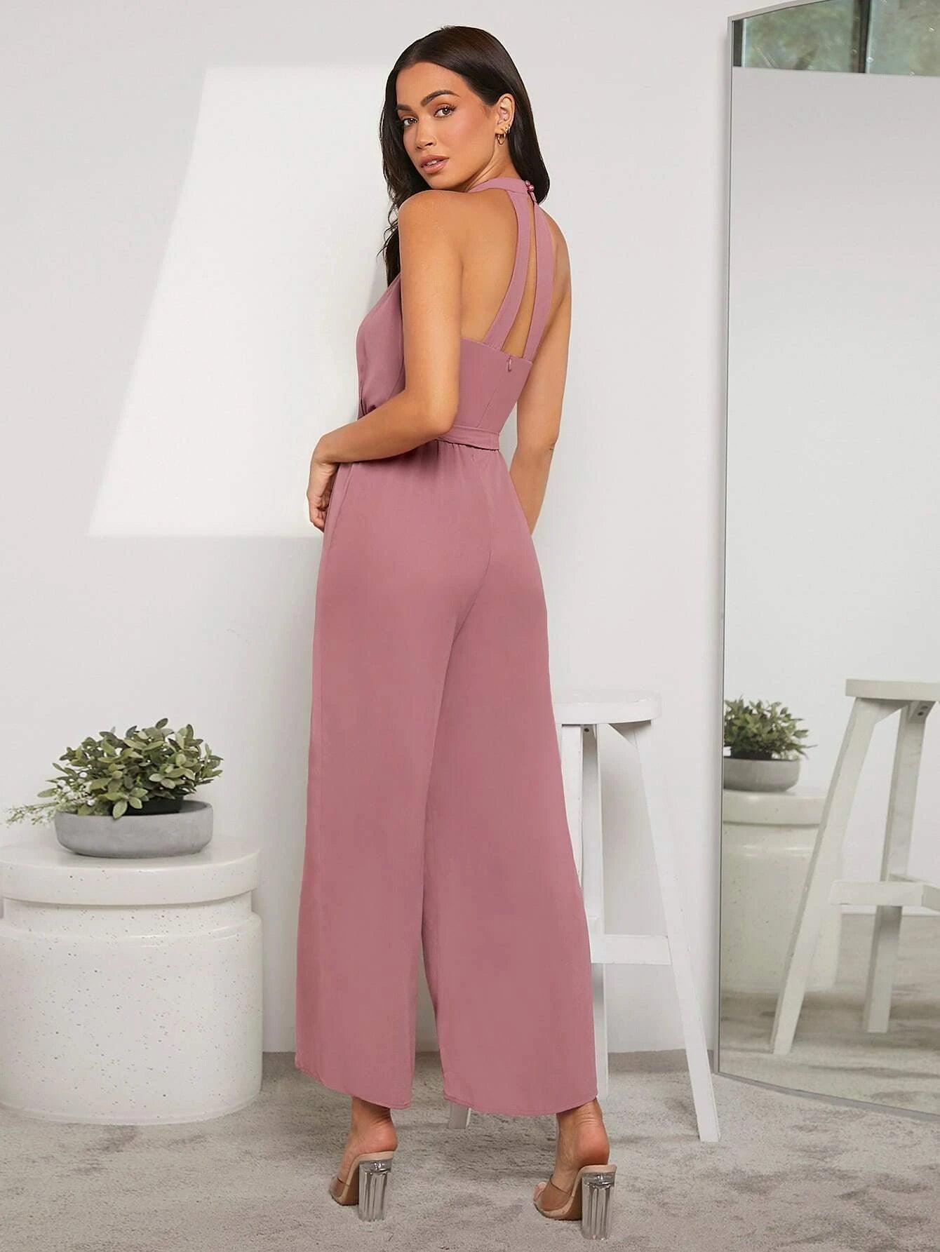 Solid Coloured Halter Neck Jumpsuit-Comfy Jumpsuits