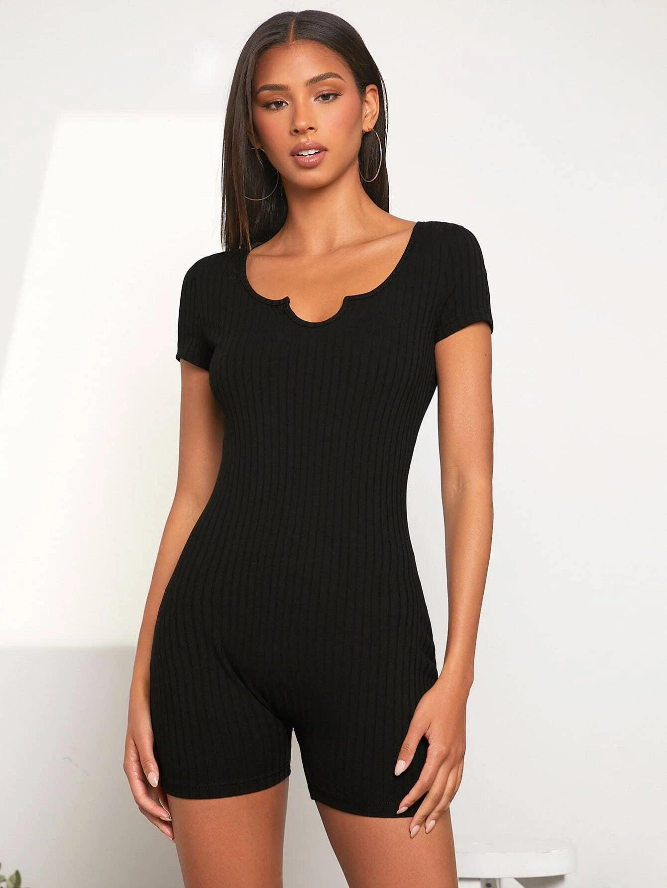 Short Sleeve Neck Rib Knit Romper-Comfy Jumpsuits