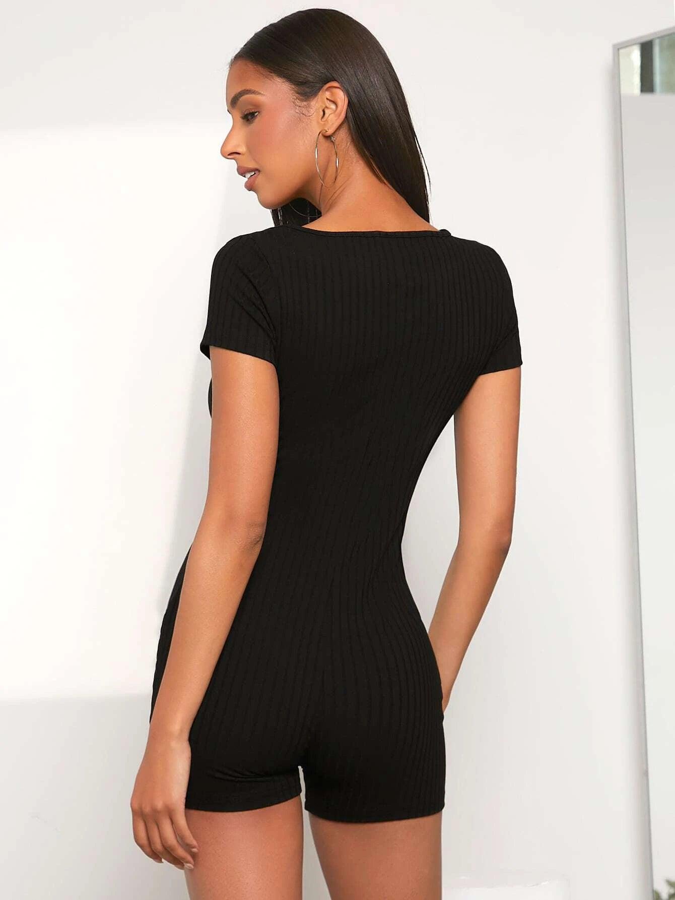 Short Sleeve Neck Rib Knit Romper-Comfy Jumpsuits