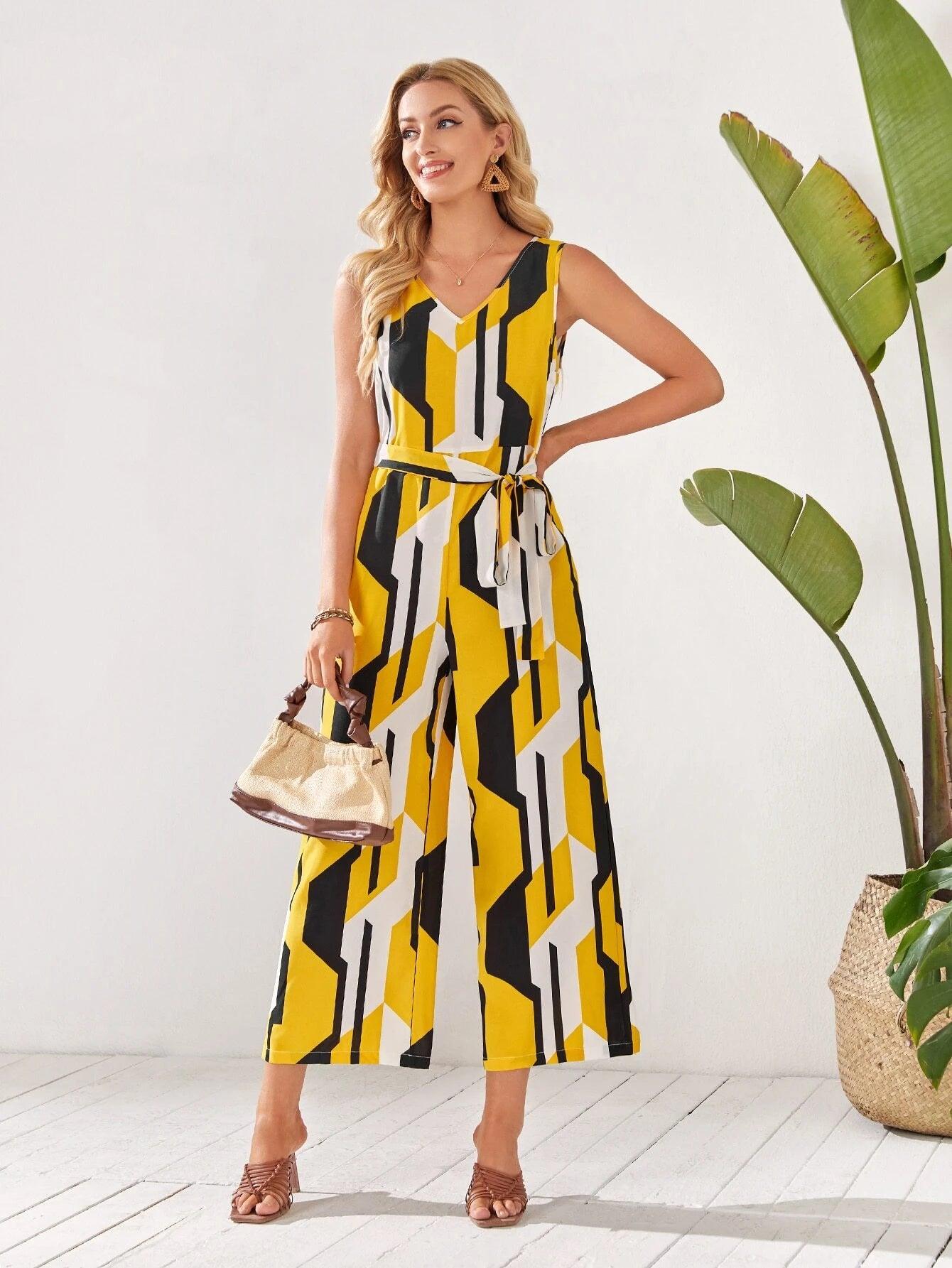 Geometric Print Cami Jumpsuit-Comfy Jumpsuits