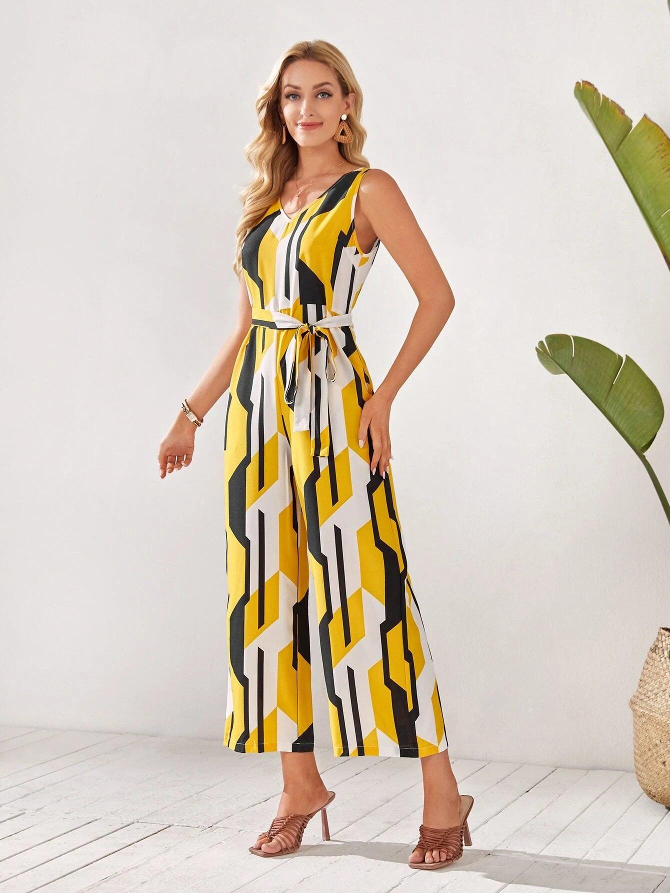 Geometric Print Cami Jumpsuit-Comfy Jumpsuits