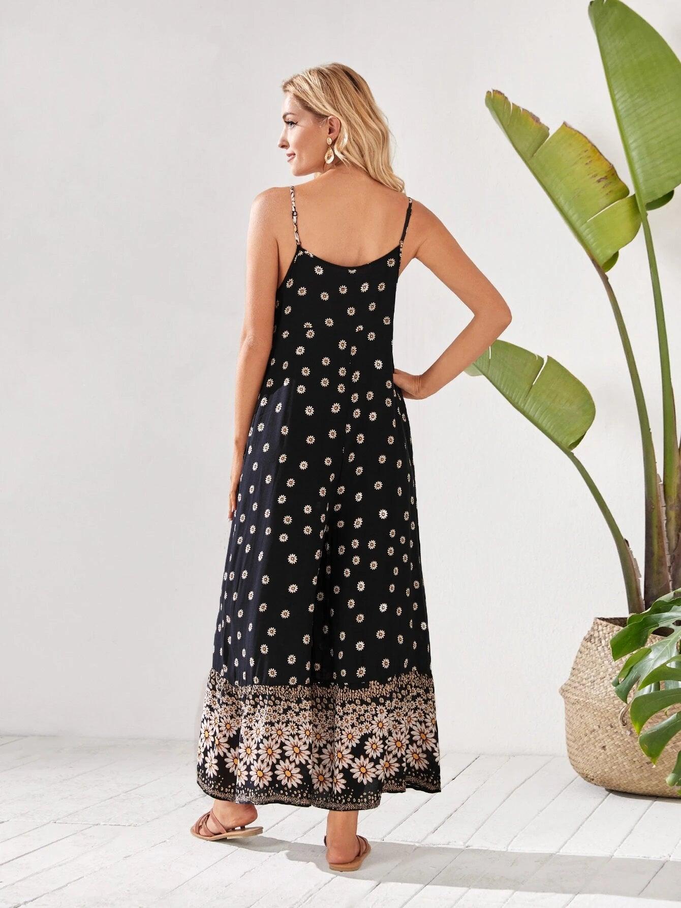 Floral Print Wide Leg Jumpsuit-Comfy Jumpsuits