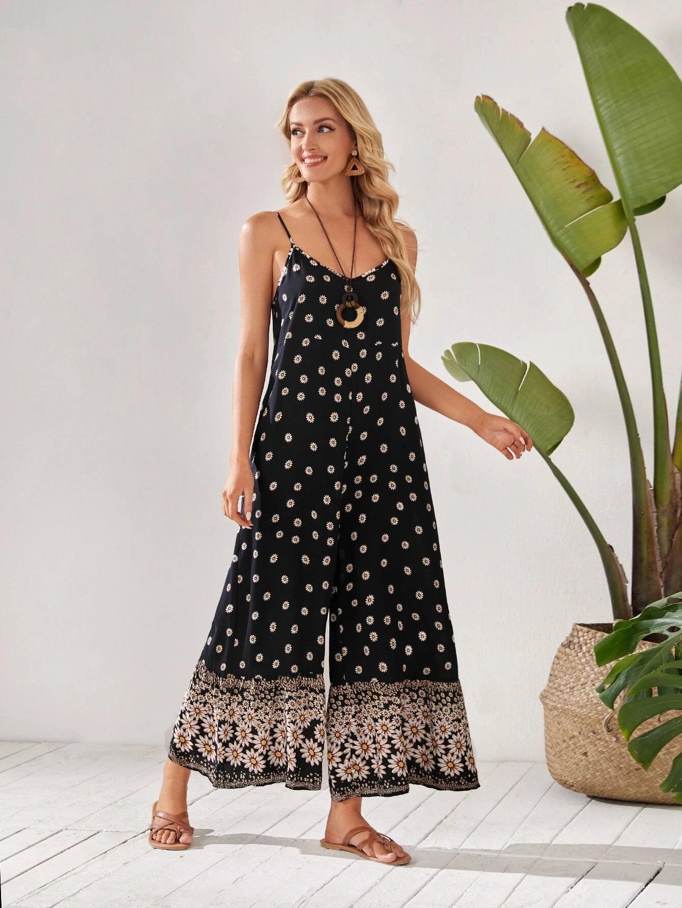Floral Print Wide Leg Jumpsuit-Comfy Jumpsuits