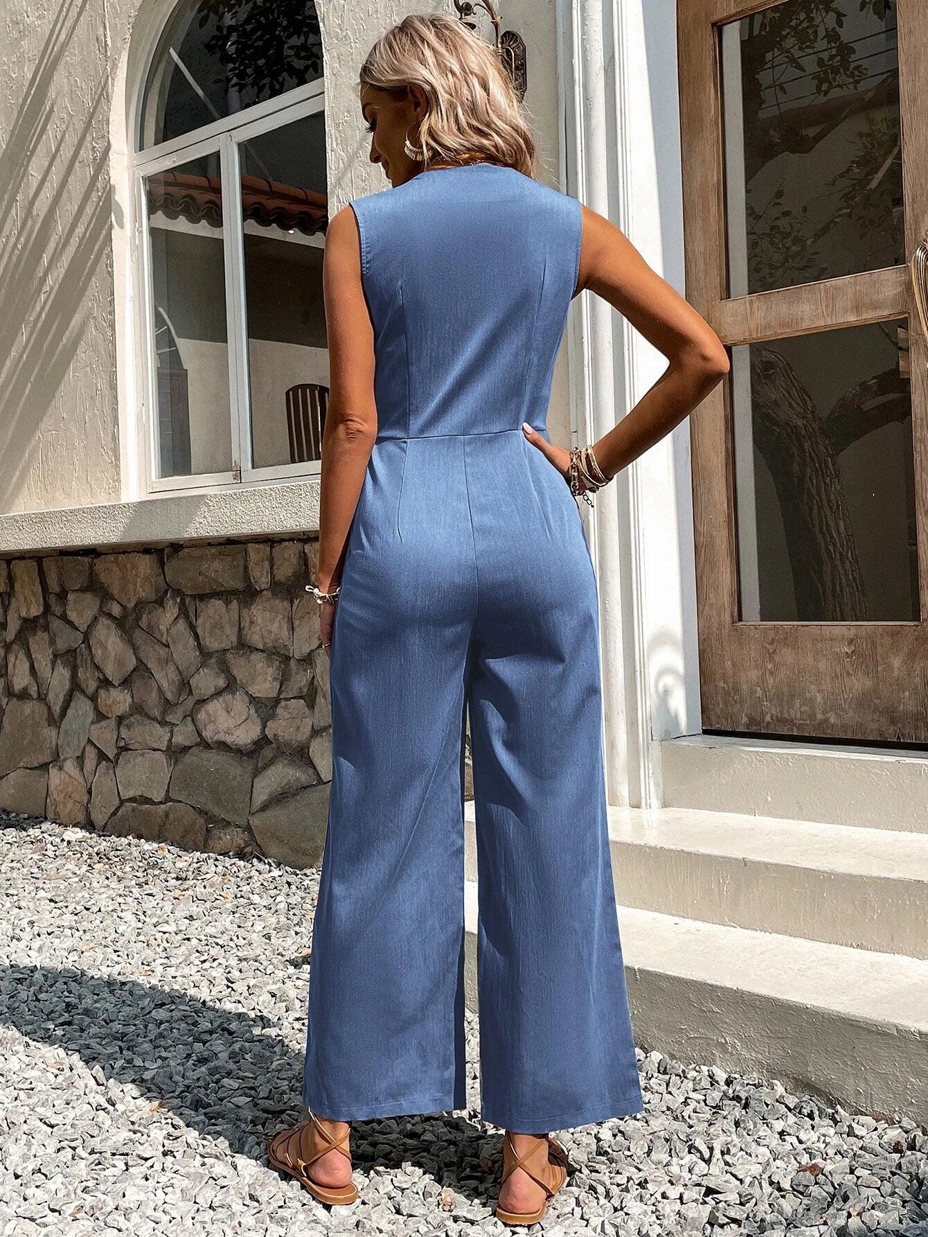 Solid Coloured Button Front Jumpsuit-Comfy Jumpsuits