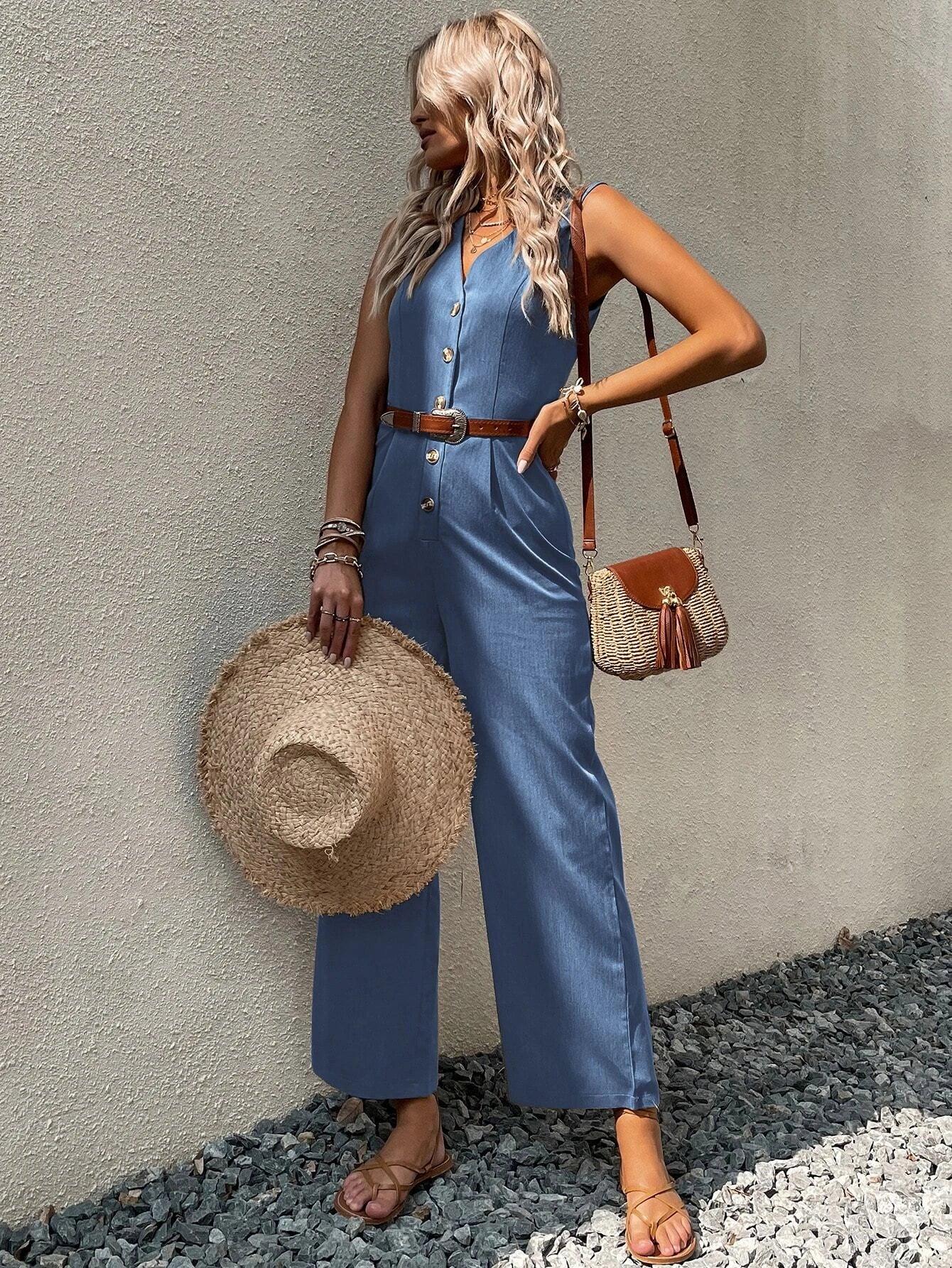 Solid Coloured Button Front Jumpsuit-Comfy Jumpsuits