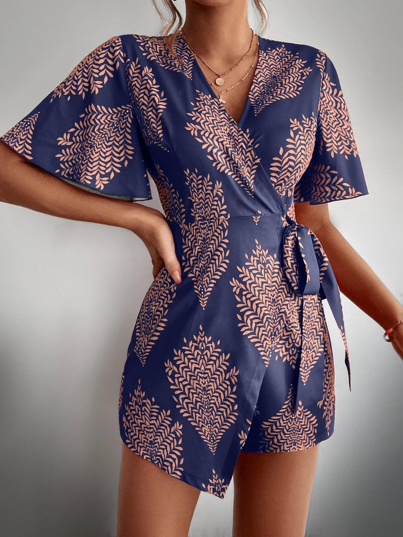 Print Butterfly Sleeve Wrap Tie Side Cut Out Romper-Comfy Jumpsuits