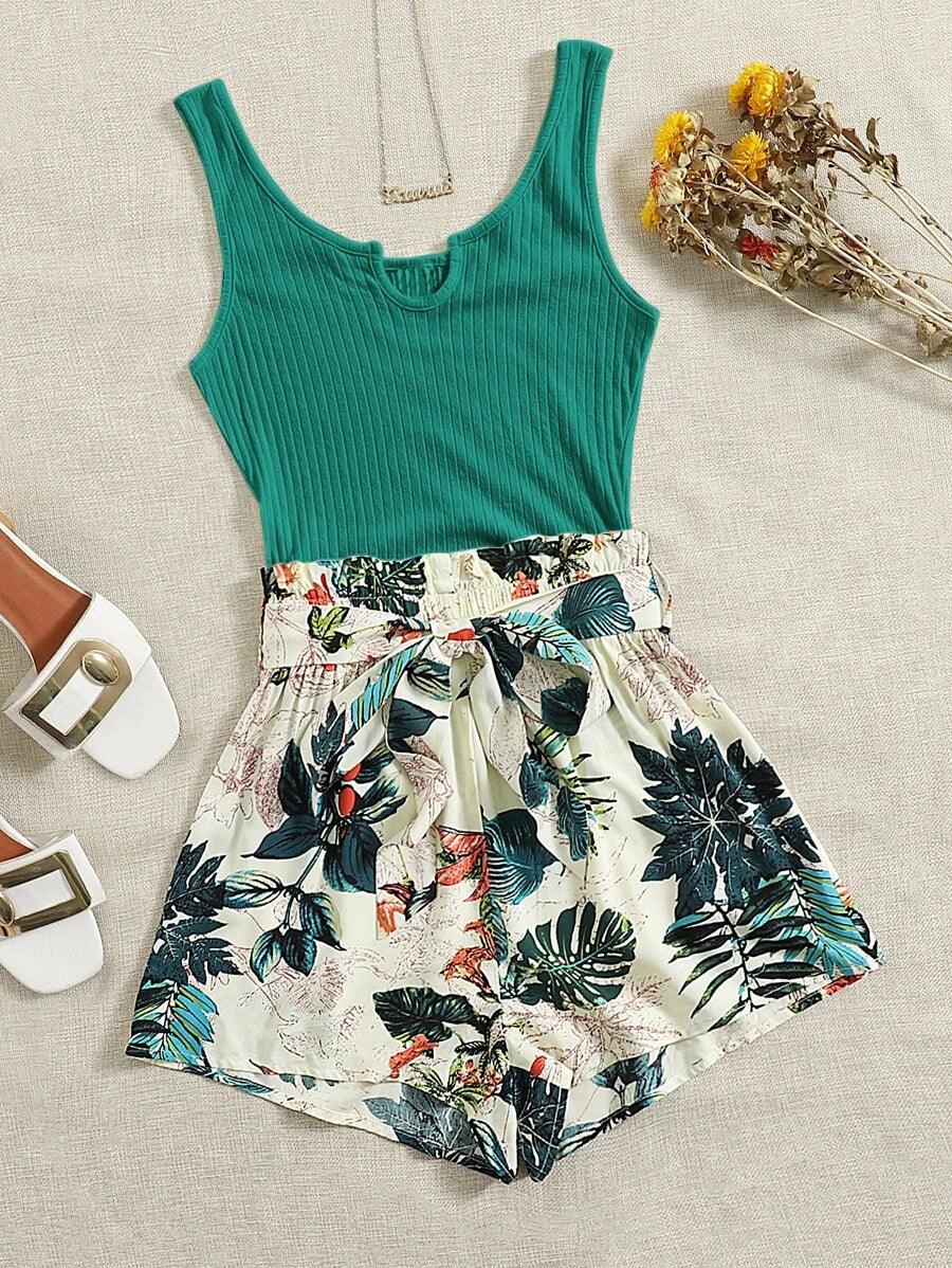 Tropical Print Paperbag Waist Belted Combo Tank Romper-Comfy Jumpsuits