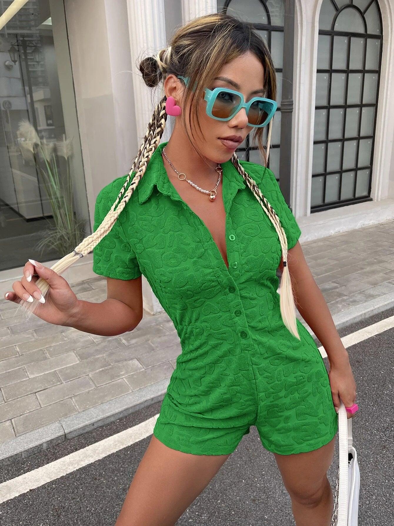 Letter Pattern Button Front Romper-Comfy Jumpsuits