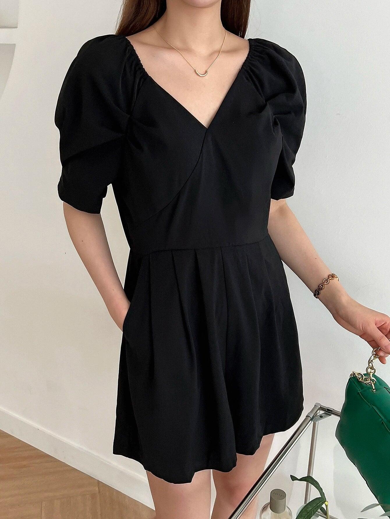 Casual Puff Sleeve Pocket Romper-Comfy Jumpsuits