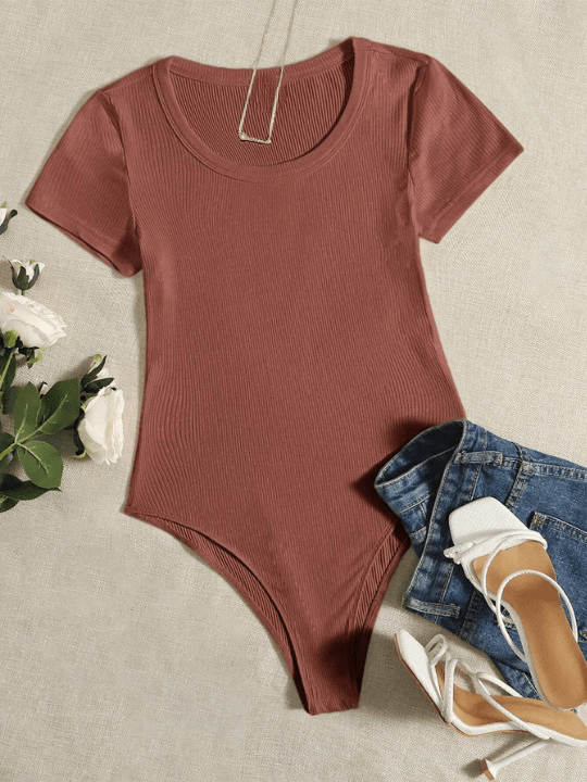 Neck Rib-Knit Bodysuit-Comfy Jumpsuits