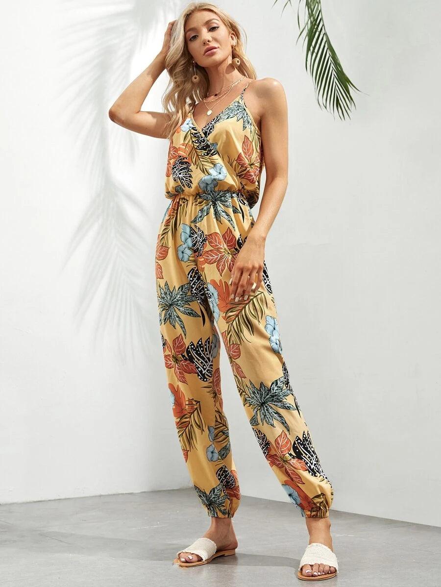 Tropical Print Cami Jumpsuit-Comfy Jumpsuits