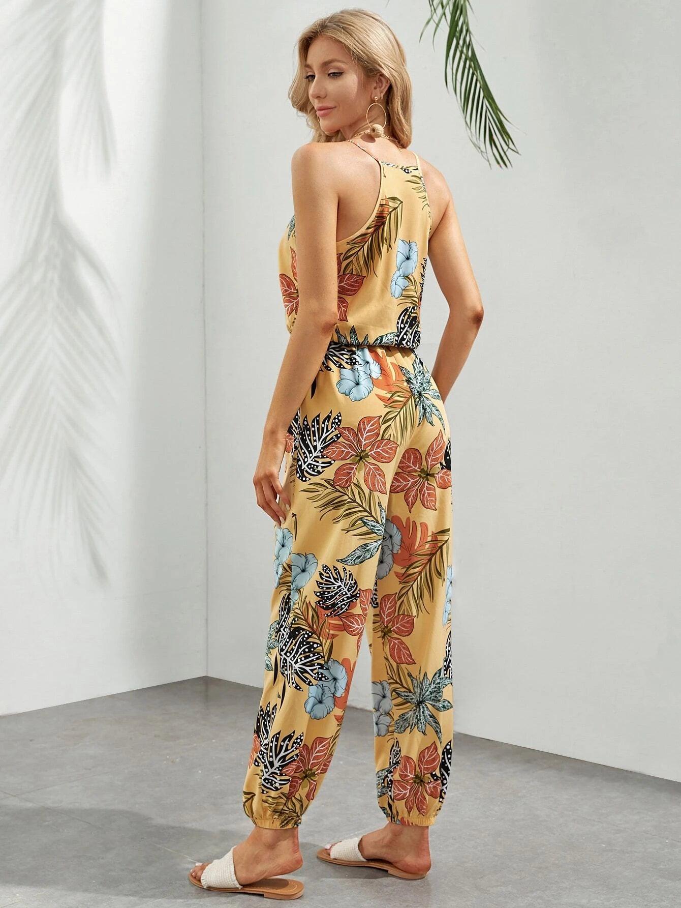 Tropical Print Cami Jumpsuit-Comfy Jumpsuits