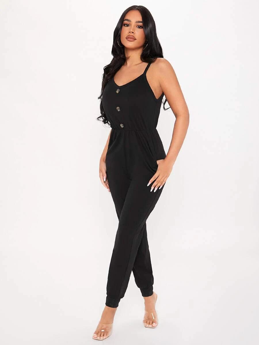 Hidden Pocket Fake Button Jumpsuit-Comfy Jumpsuits