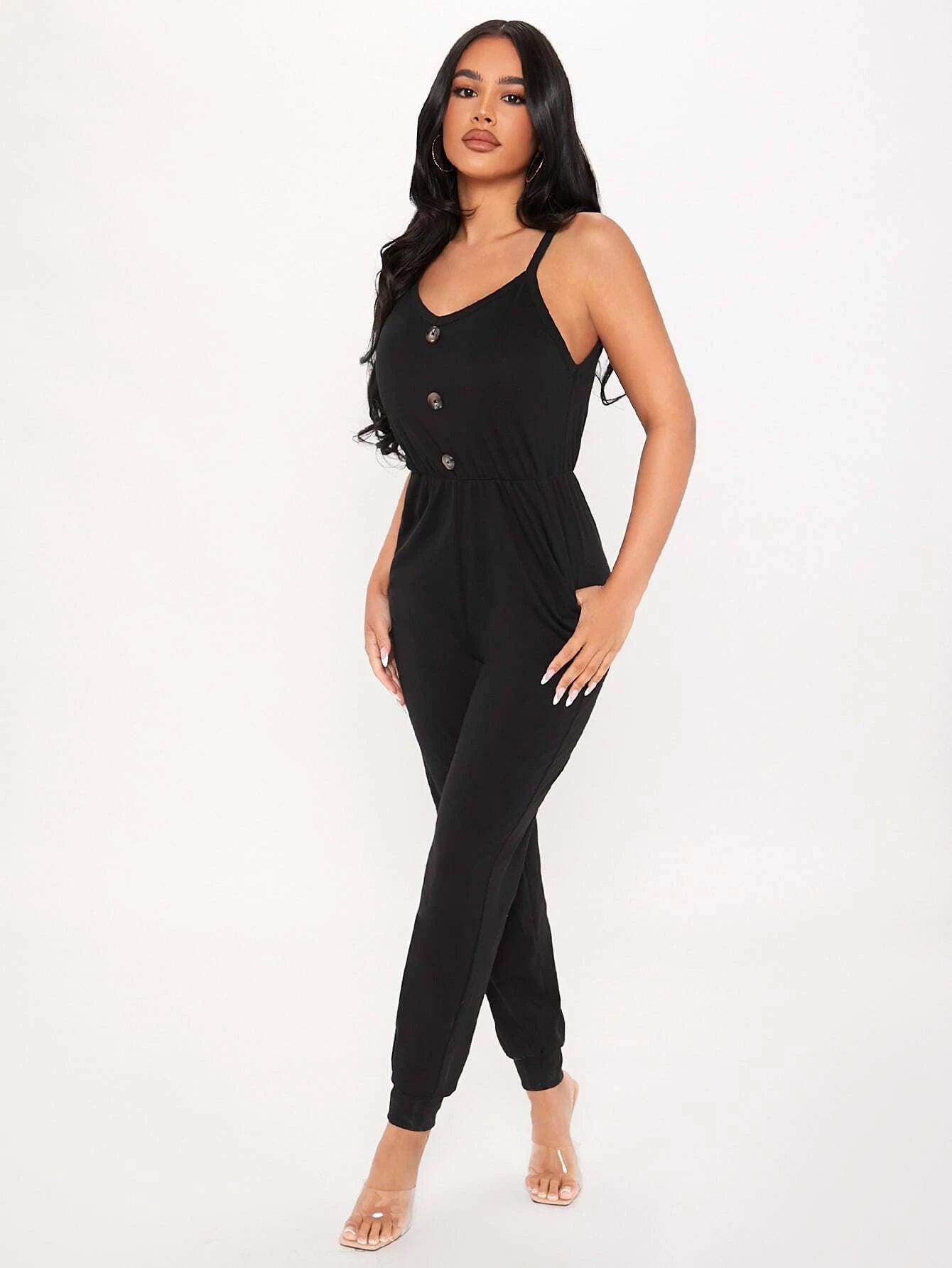 Sleeveless Front Button Cami Jumpsuit With Pockets-Comfy Jumpsuits