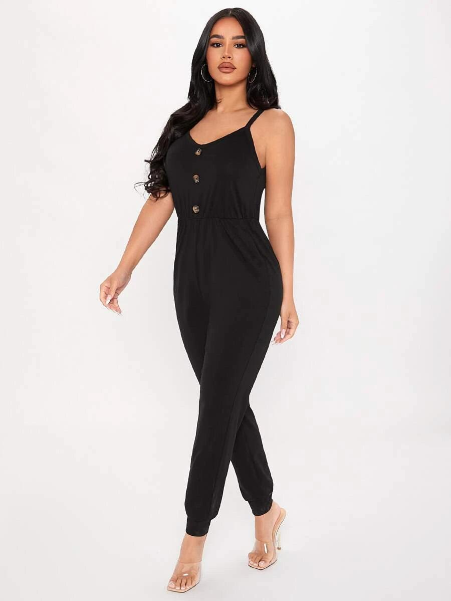 Hidden Pocket Fake Button Jumpsuit-Comfy Jumpsuits