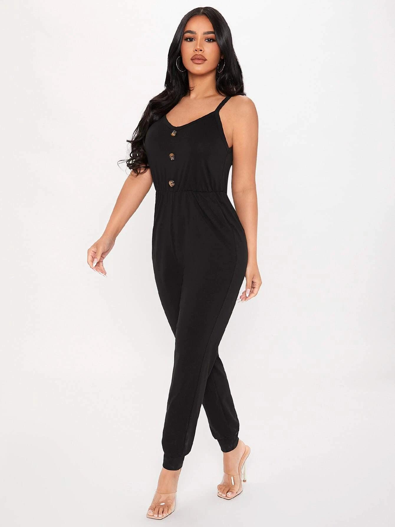 Sleeveless Front Button Cami Jumpsuit With Pockets-Comfy Jumpsuits