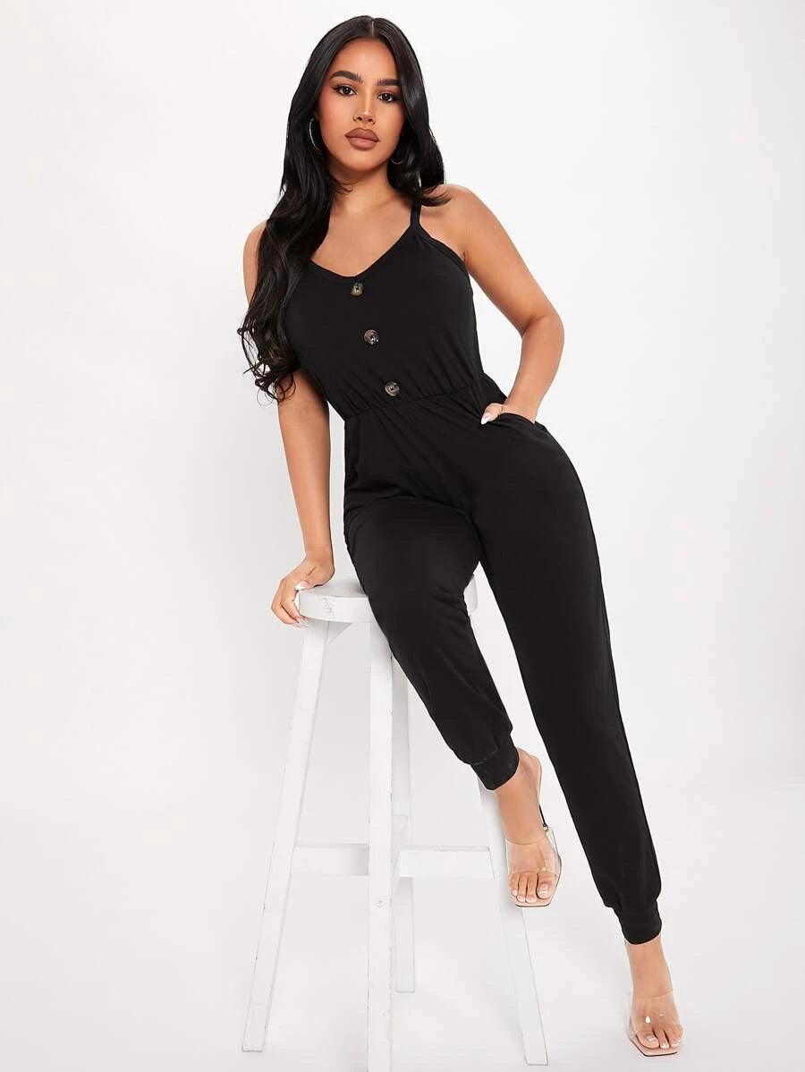 Hidden Pocket Fake Button Jumpsuit-Comfy Jumpsuits