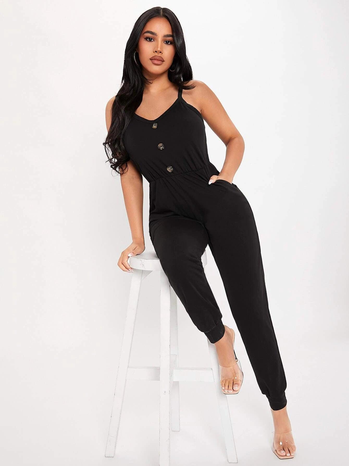 Sleeveless Front Button Cami Jumpsuit With Pockets-Comfy Jumpsuits