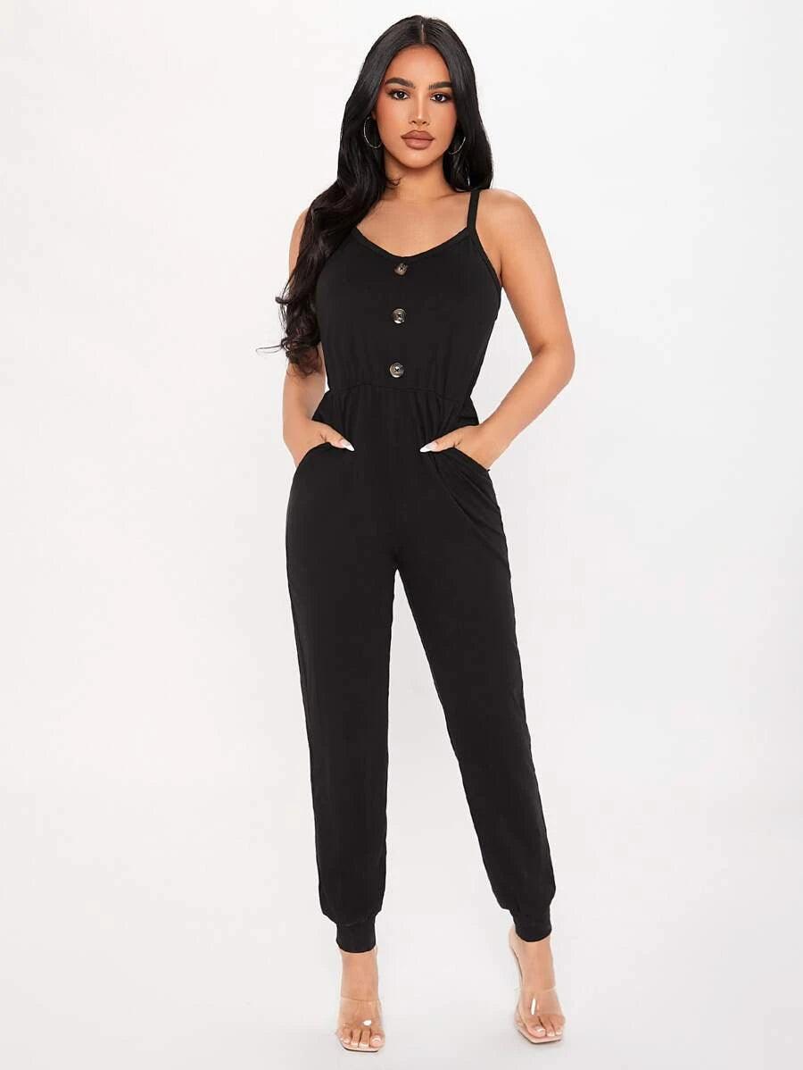 Hidden Pocket Fake Button Jumpsuit-Comfy Jumpsuits
