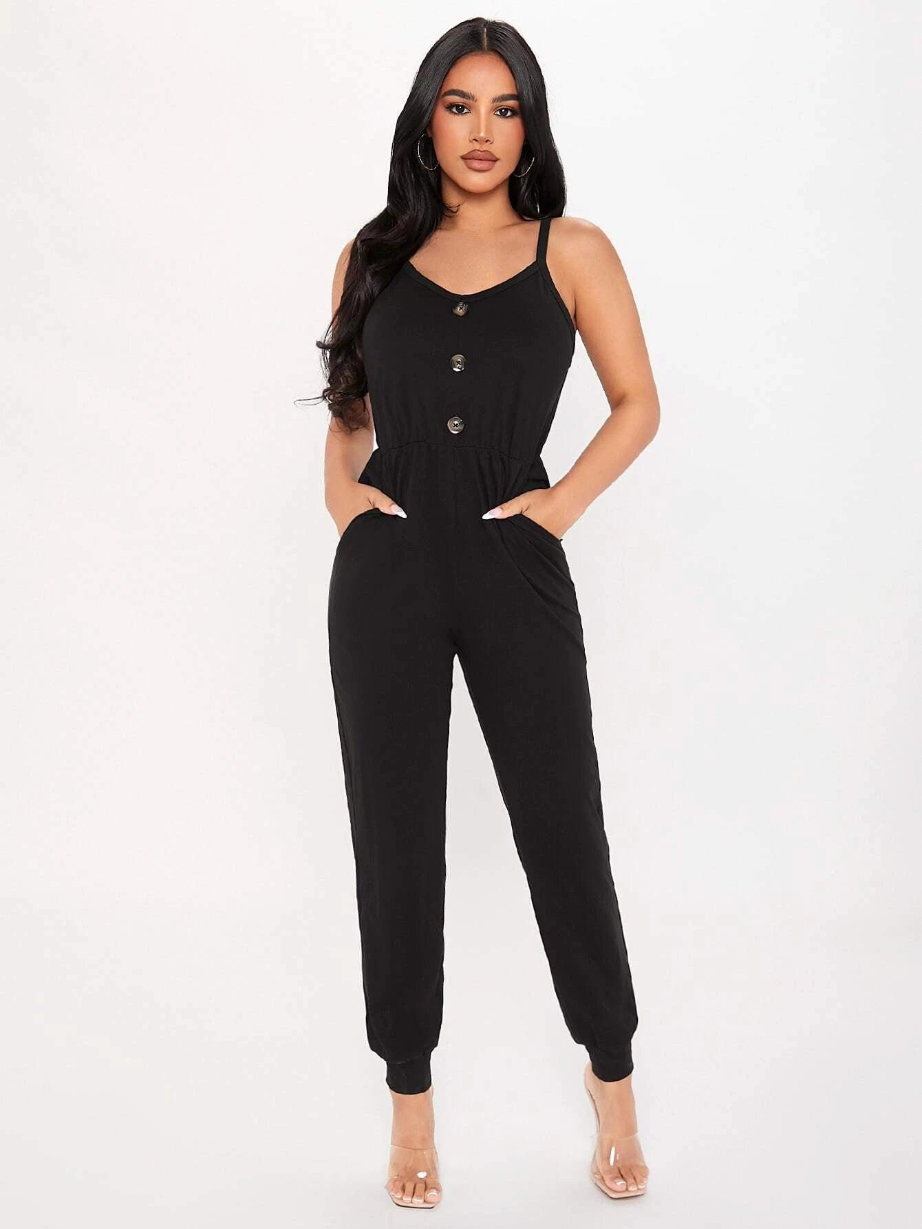 Sleeveless Front Button Cami Jumpsuit With Pockets-Comfy Jumpsuits