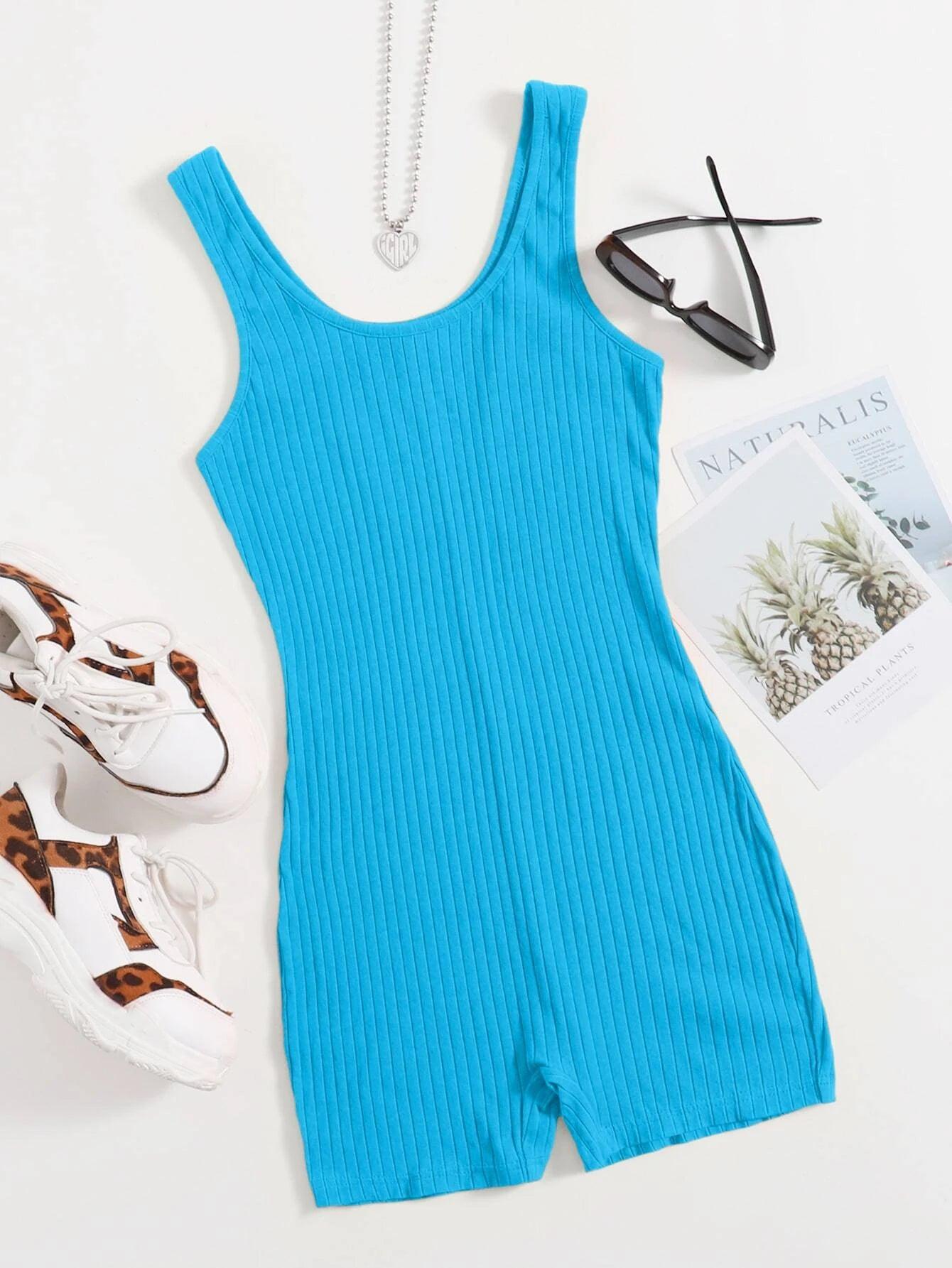 Scoop Neck Rib-knit Tank Unitard Romper-Comfy Jumpsuits