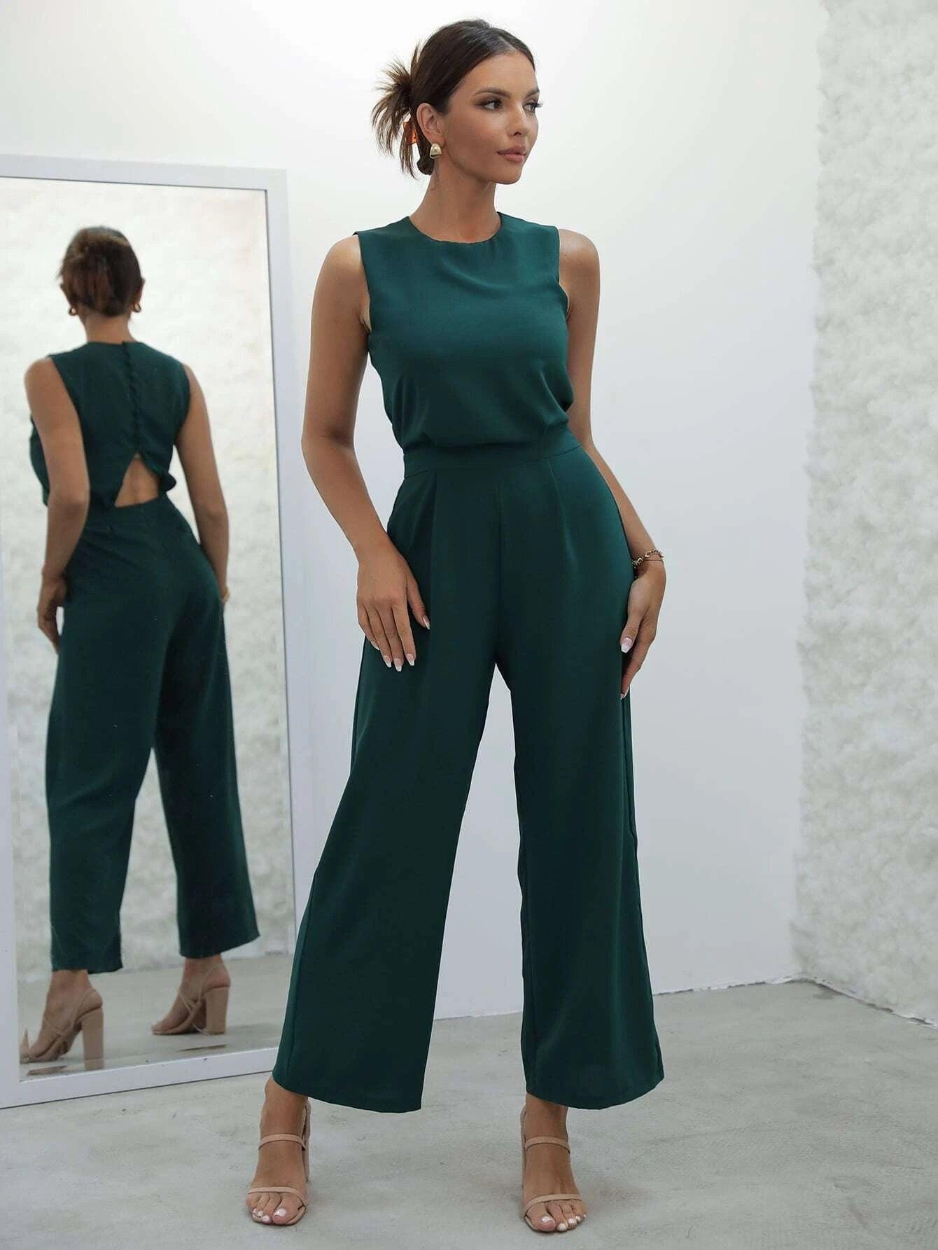 Button Back Wide Leg Jumpsuit-Comfy Jumpsuits