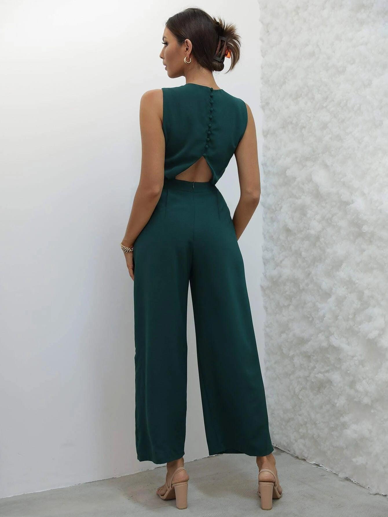 Button Back Wide Leg Jumpsuit-Comfy Jumpsuits
