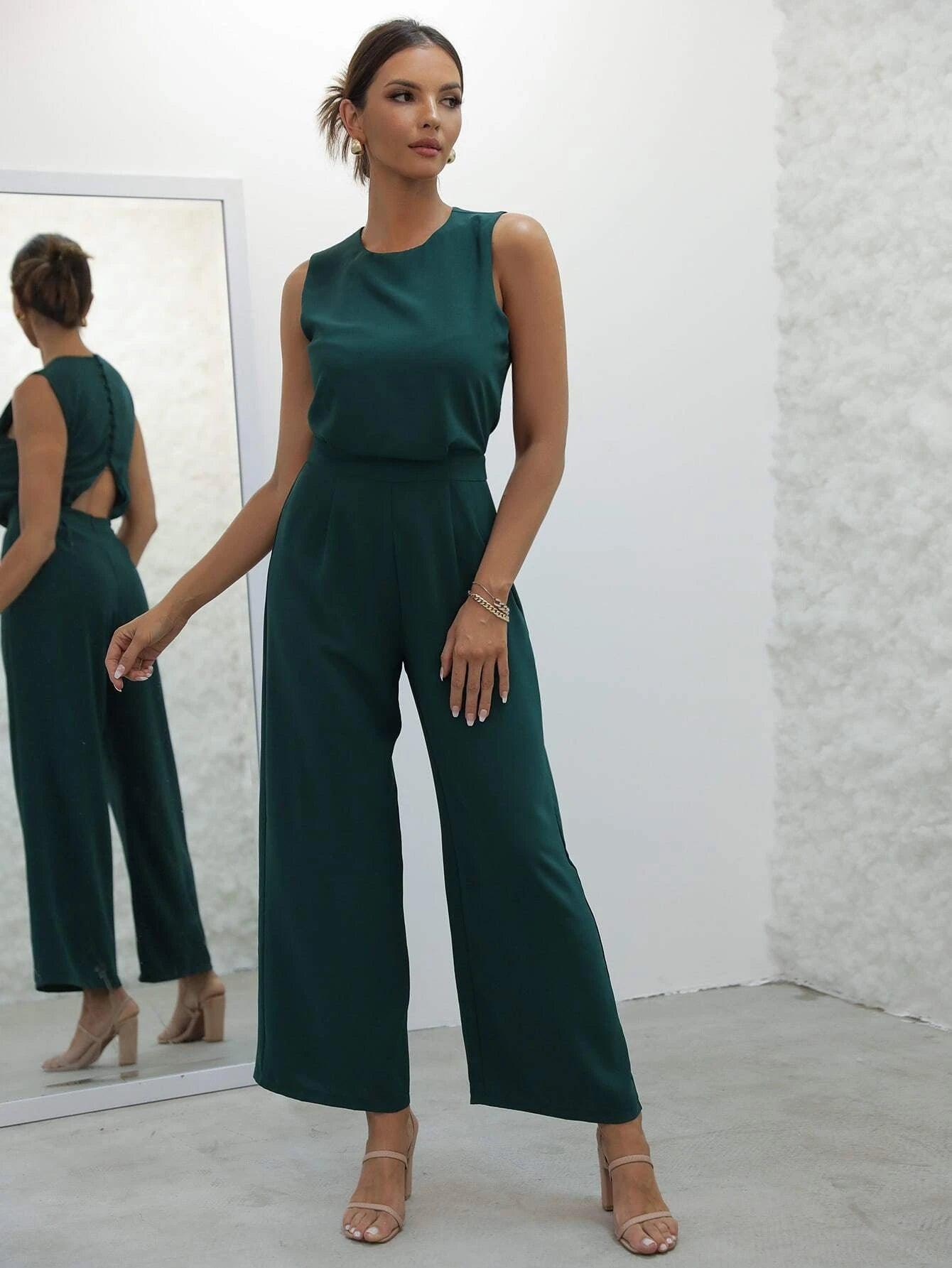 Button Back Wide Leg Jumpsuit-Comfy Jumpsuits