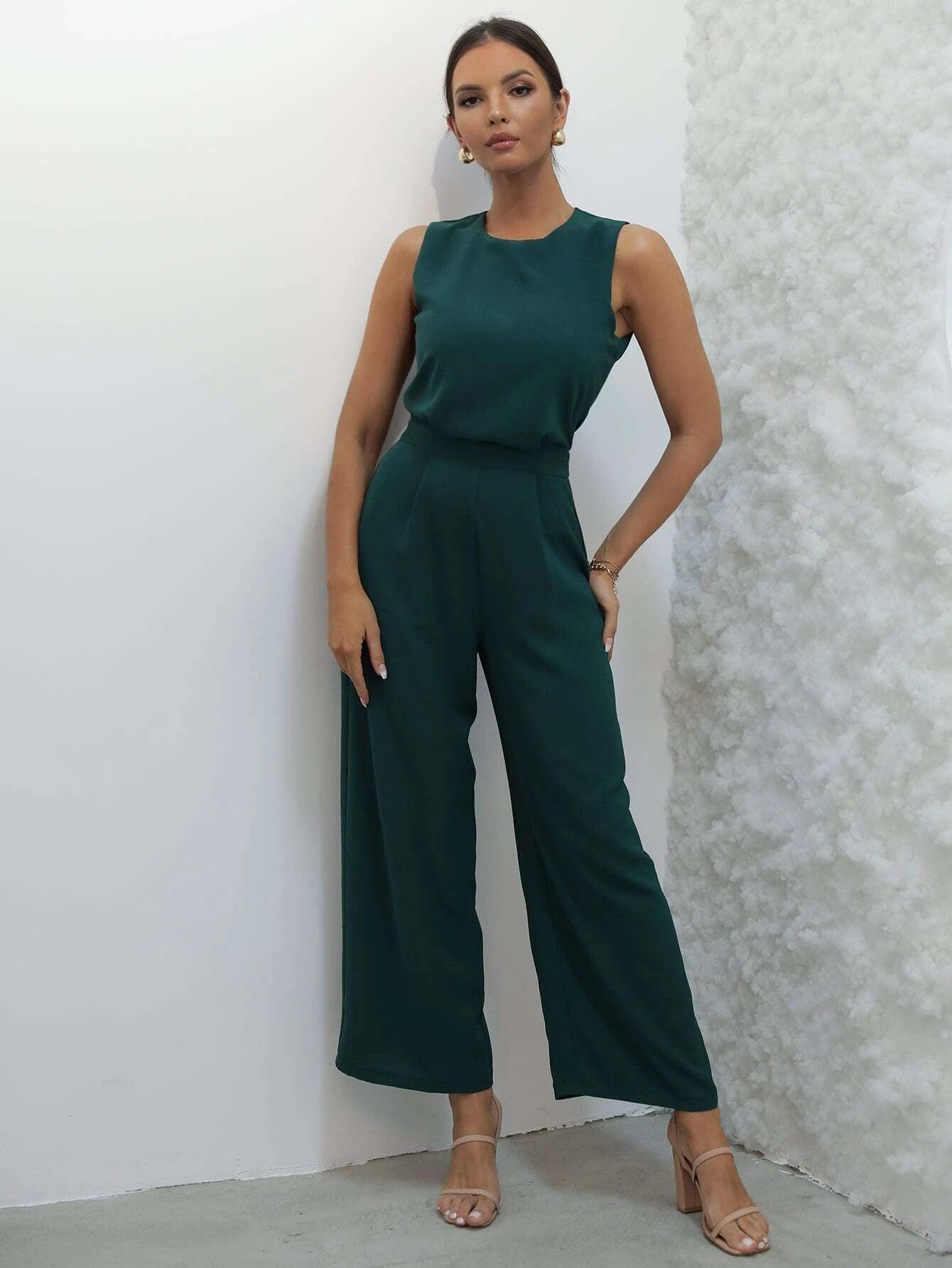Button Back Wide Leg Jumpsuit-Comfy Jumpsuits